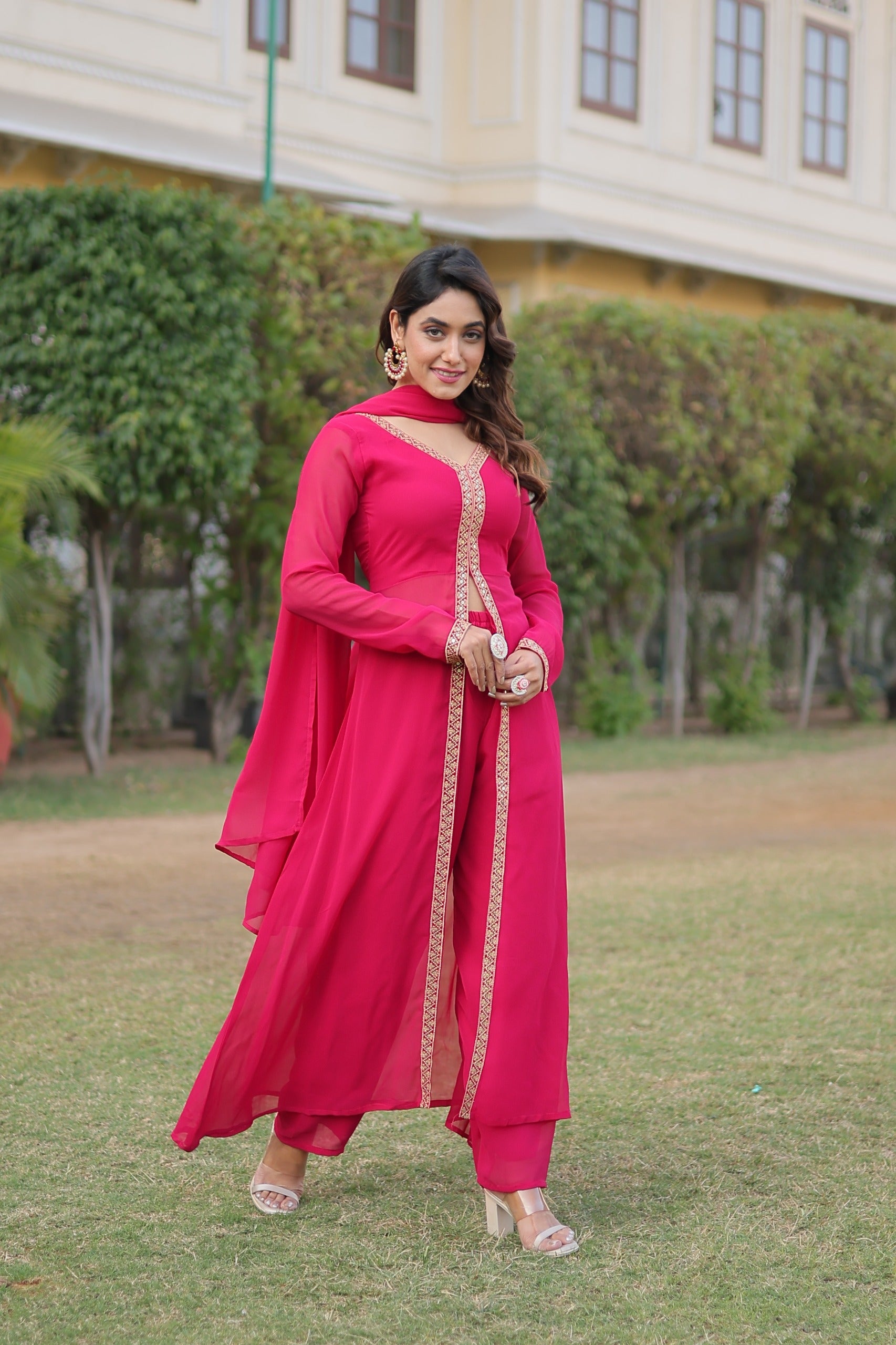 Round Flared Front Slit Pink Color Kurti Dupatta Set