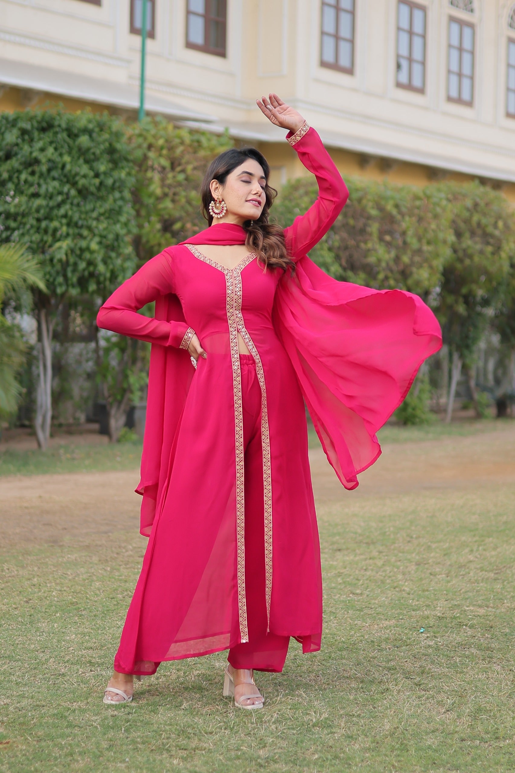 Round Flared Front Slit Pink Color Kurti Dupatta Set