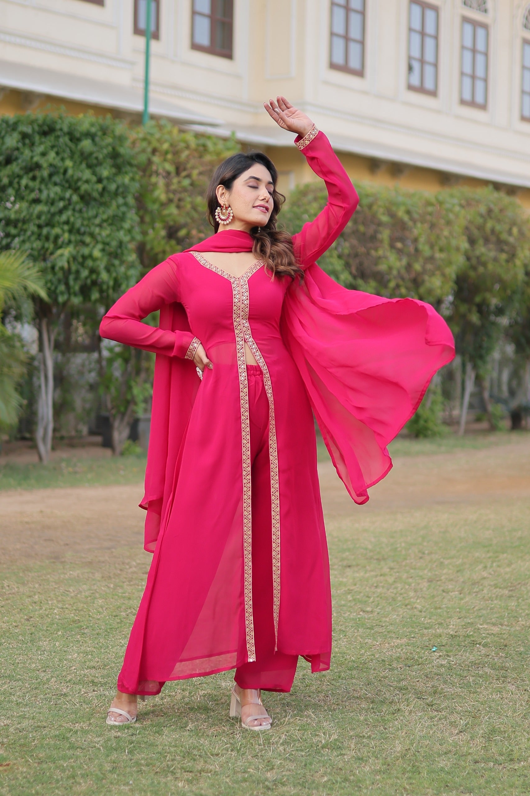 Round Flared Front Slit Pink Color Kurti Dupatta Set β Vastra Shop
