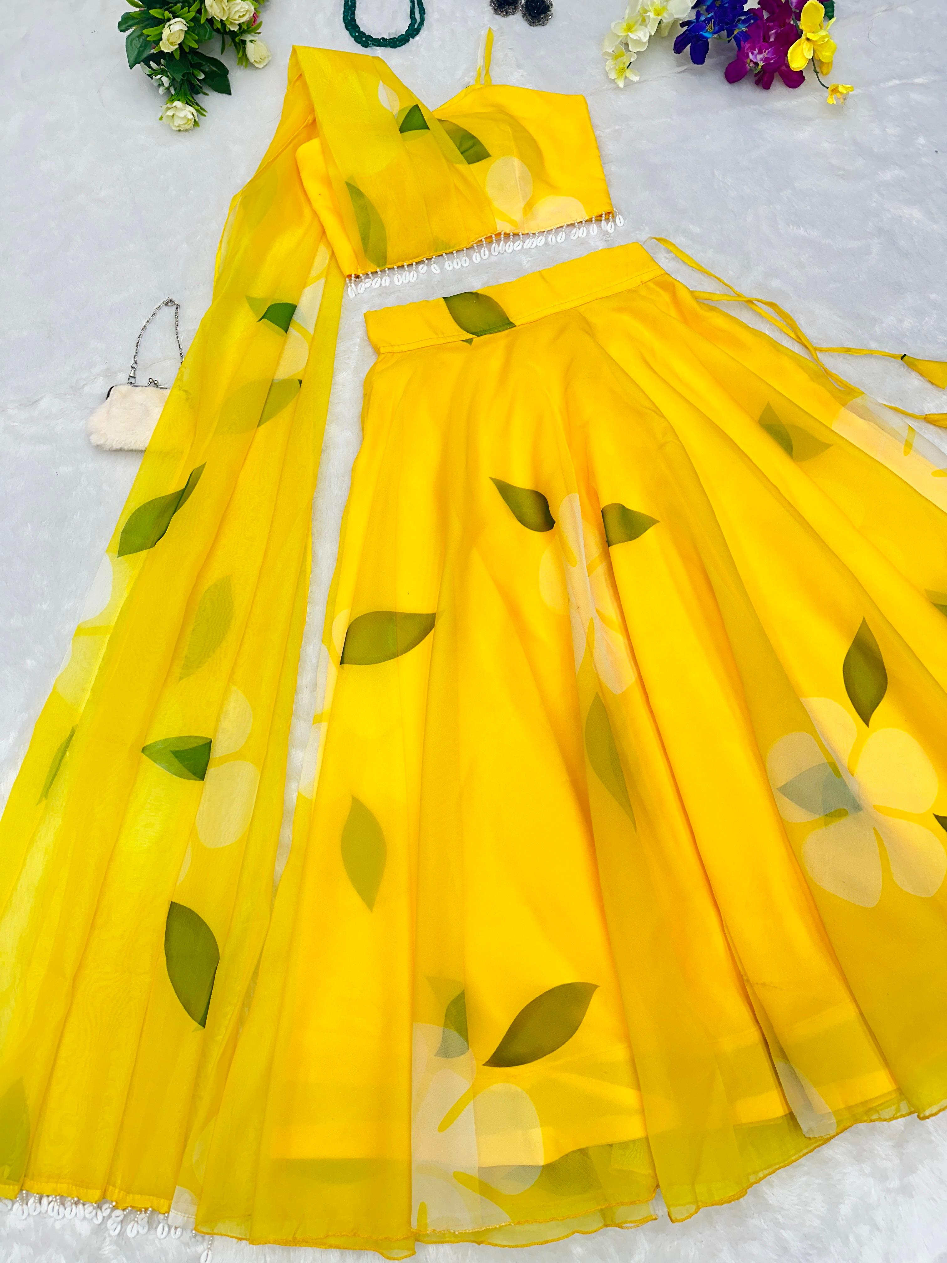 Haldi Wear Yellow Organza Lehenga And Blouse With Attach Dupatta