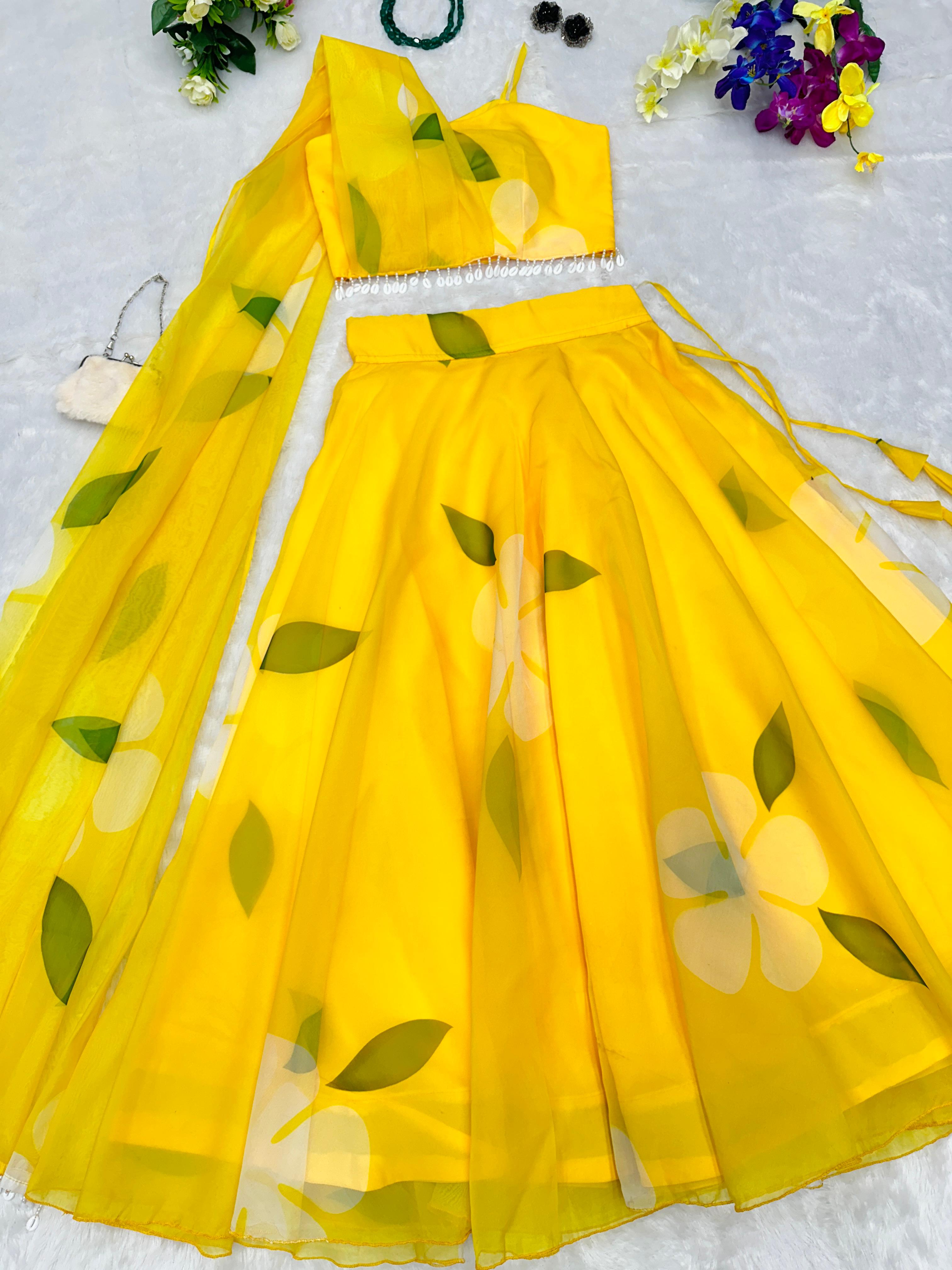 Haldi Wear Yellow Organza Lehenga And Blouse With Attach Dupatta