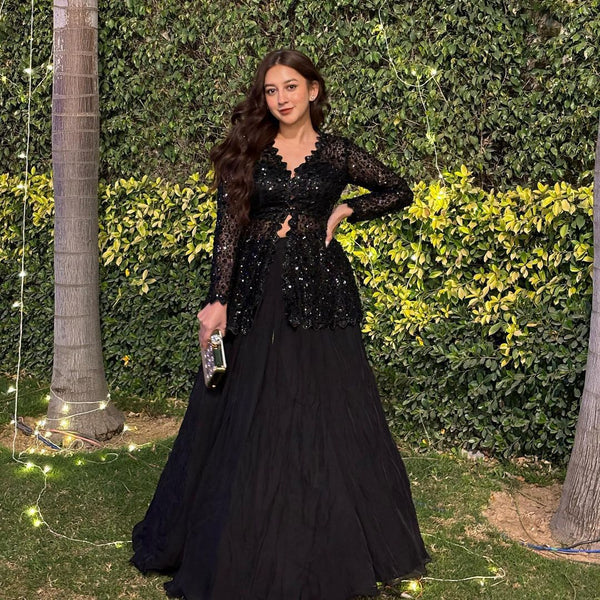 Beautiful Blazer Style Heavy Work Black Color Top With Lehenga