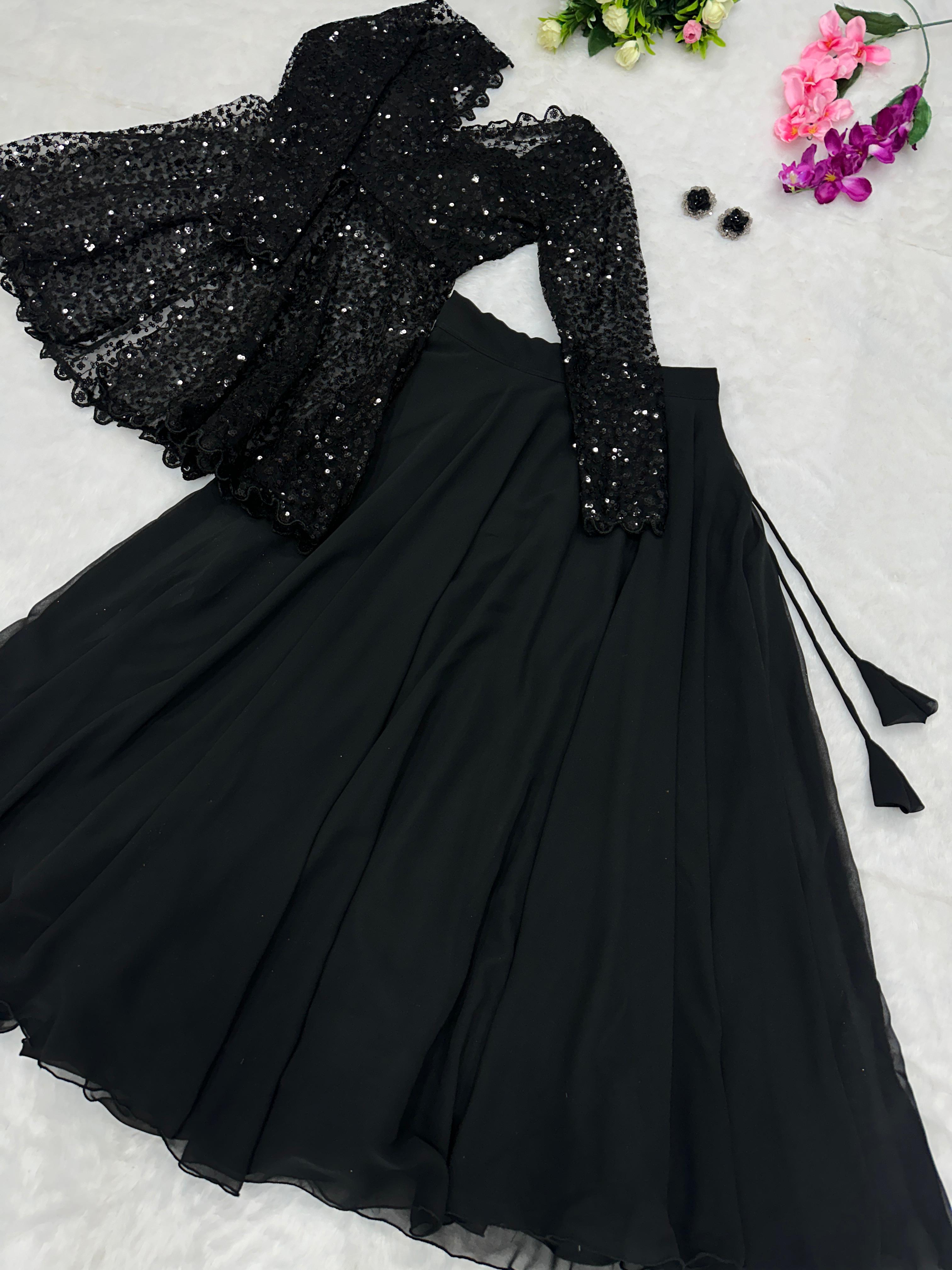 Beautiful Blazer Style Heavy Work Black Color Top With Lehenga