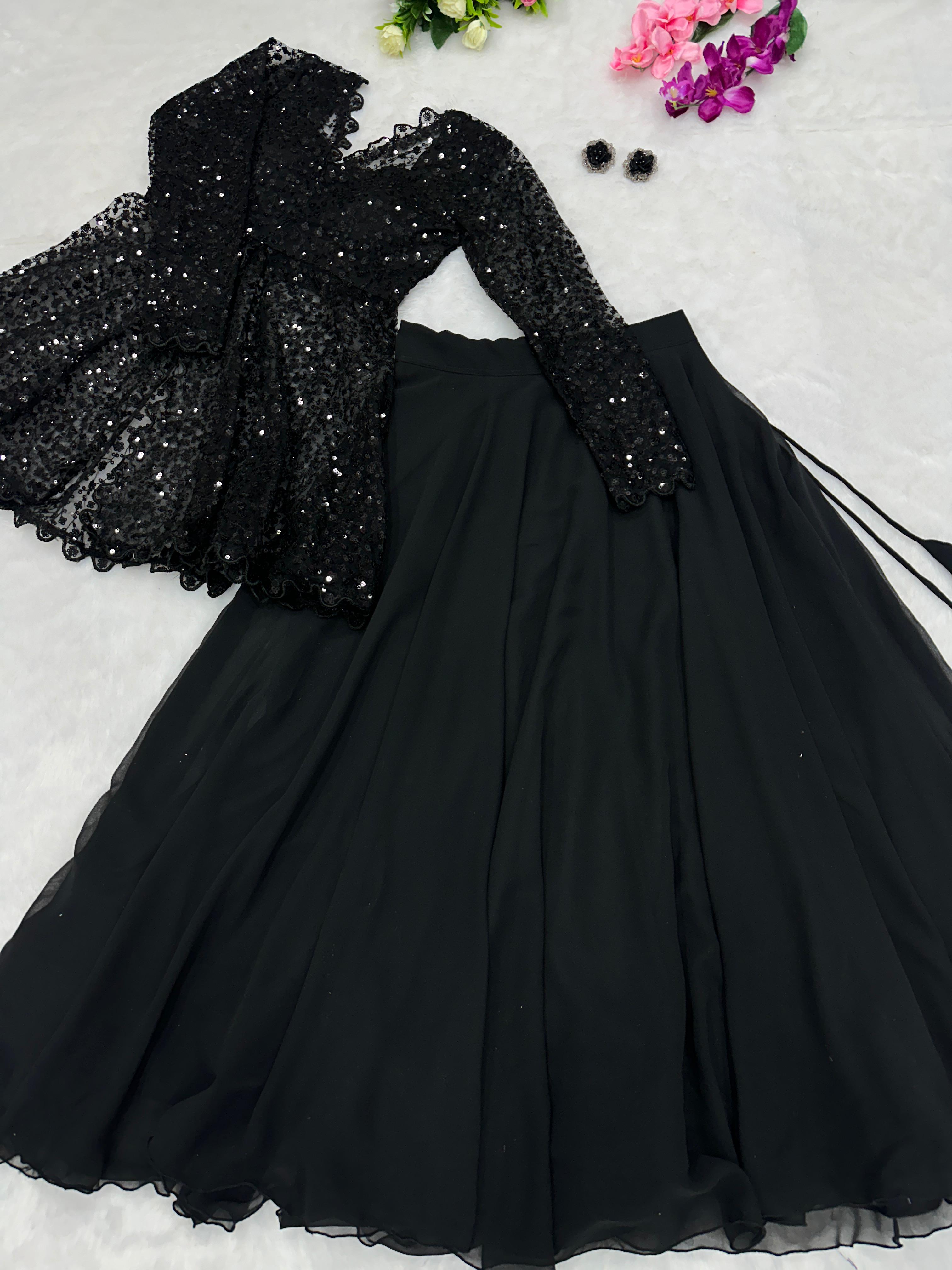 Beautiful Blazer Style Heavy Work Black Color Top With Lehenga