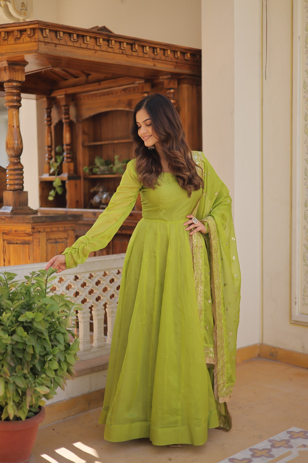 Superhit Parrot Green Color Gown With Embroidered Dupatta Vastra Shop Superhit Parrot Green Color Gown With Embroidered Dupatta Vastra Shop