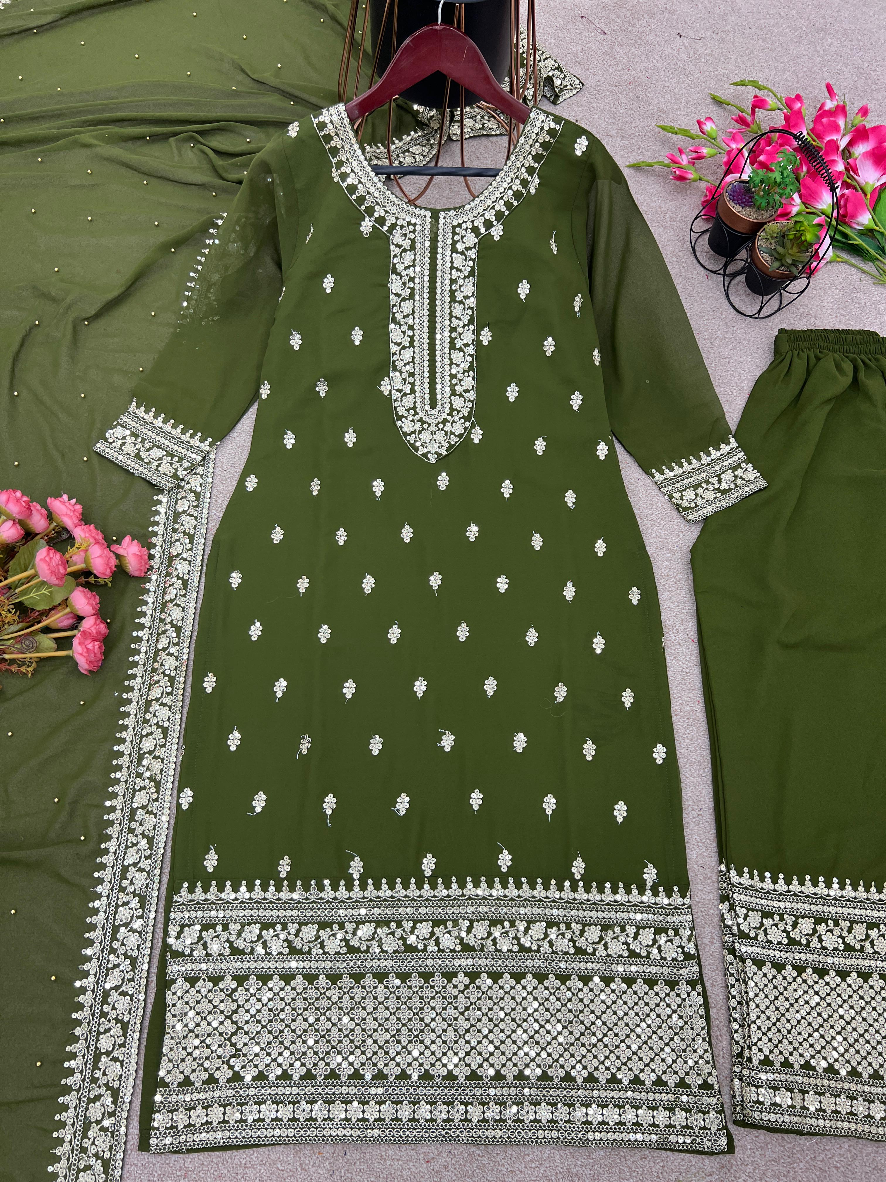 Mesmerizing Work Mehendi Color Palazzo Suit