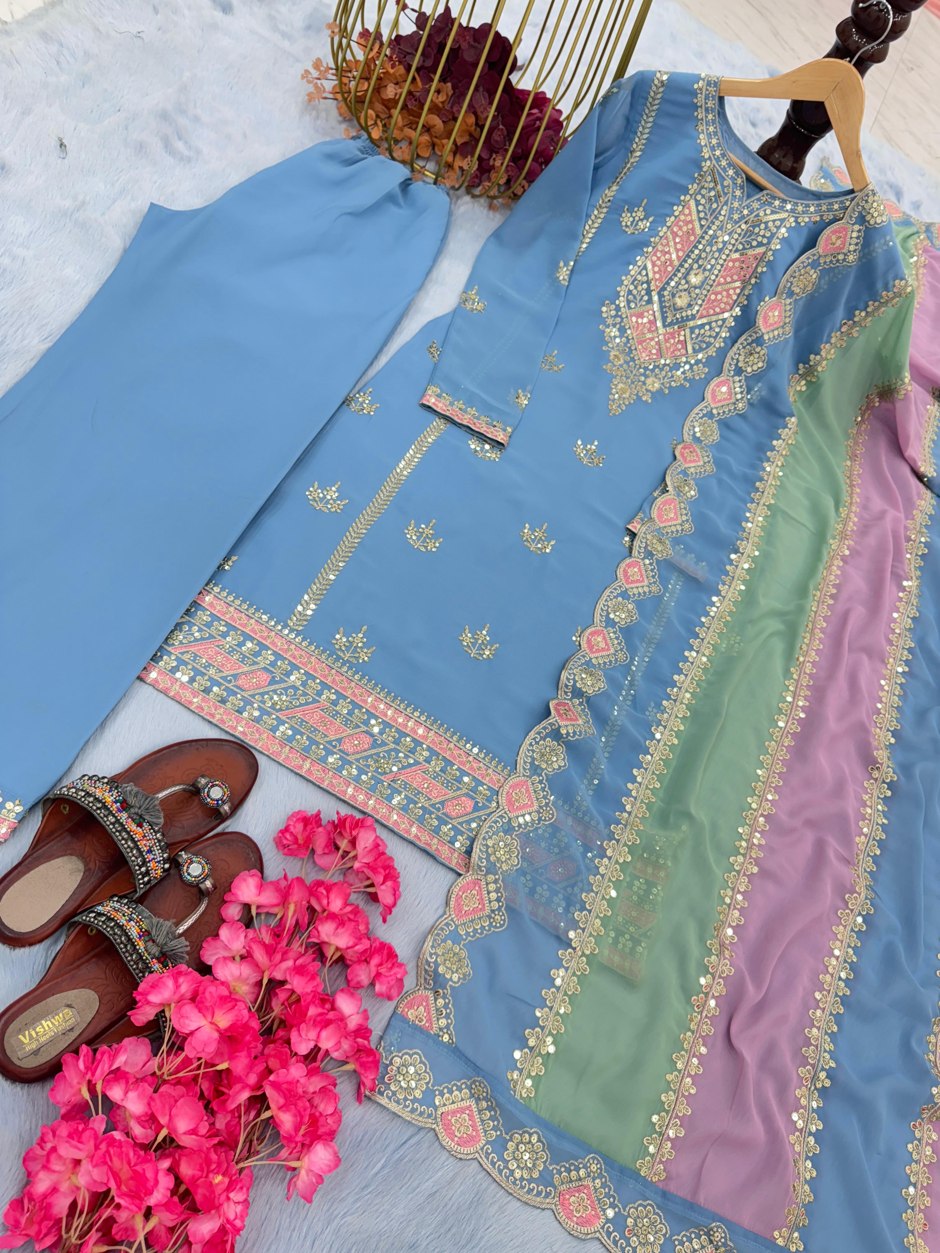 Exclusive Sky Blue Color Palazzo Suit With Multi Work Dupatta