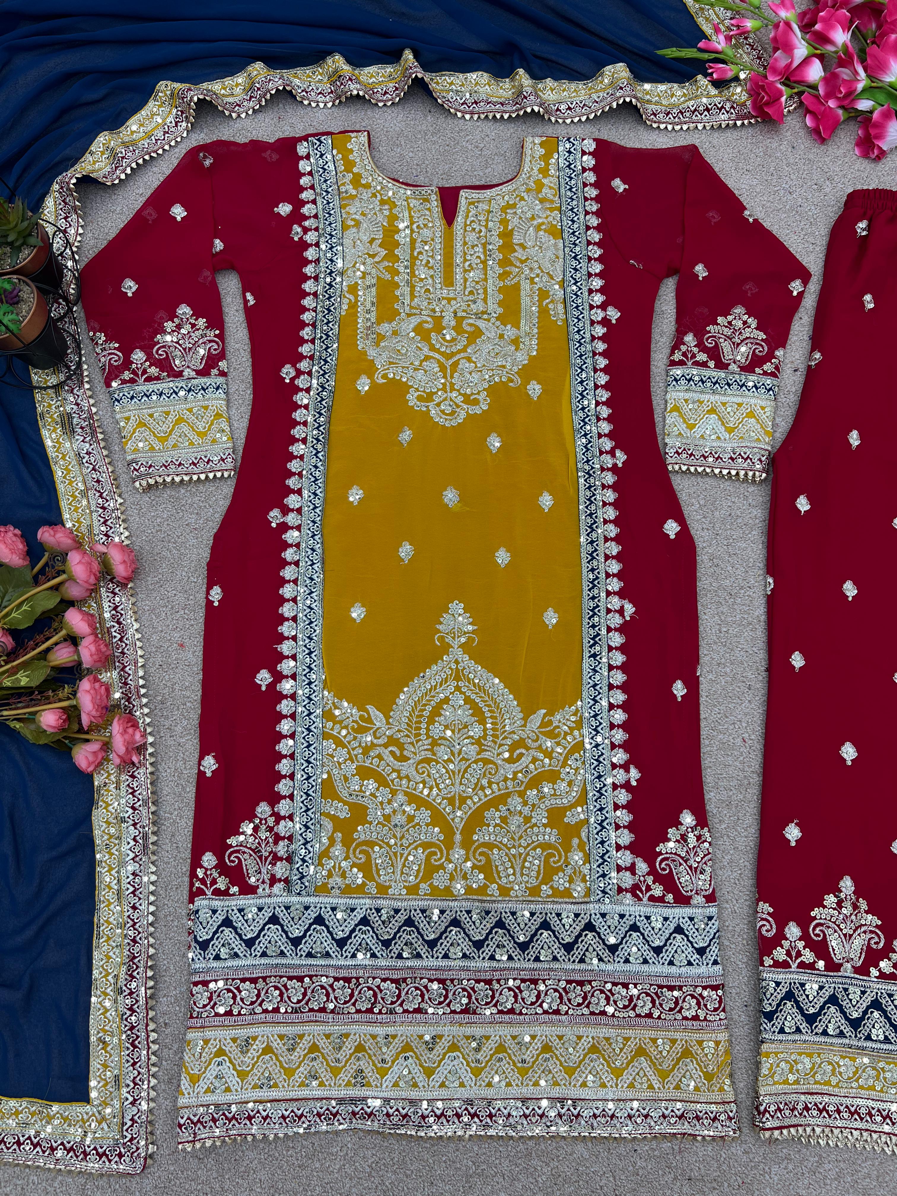 Exclusive Work Yellow And Red Color Palazzo Suit