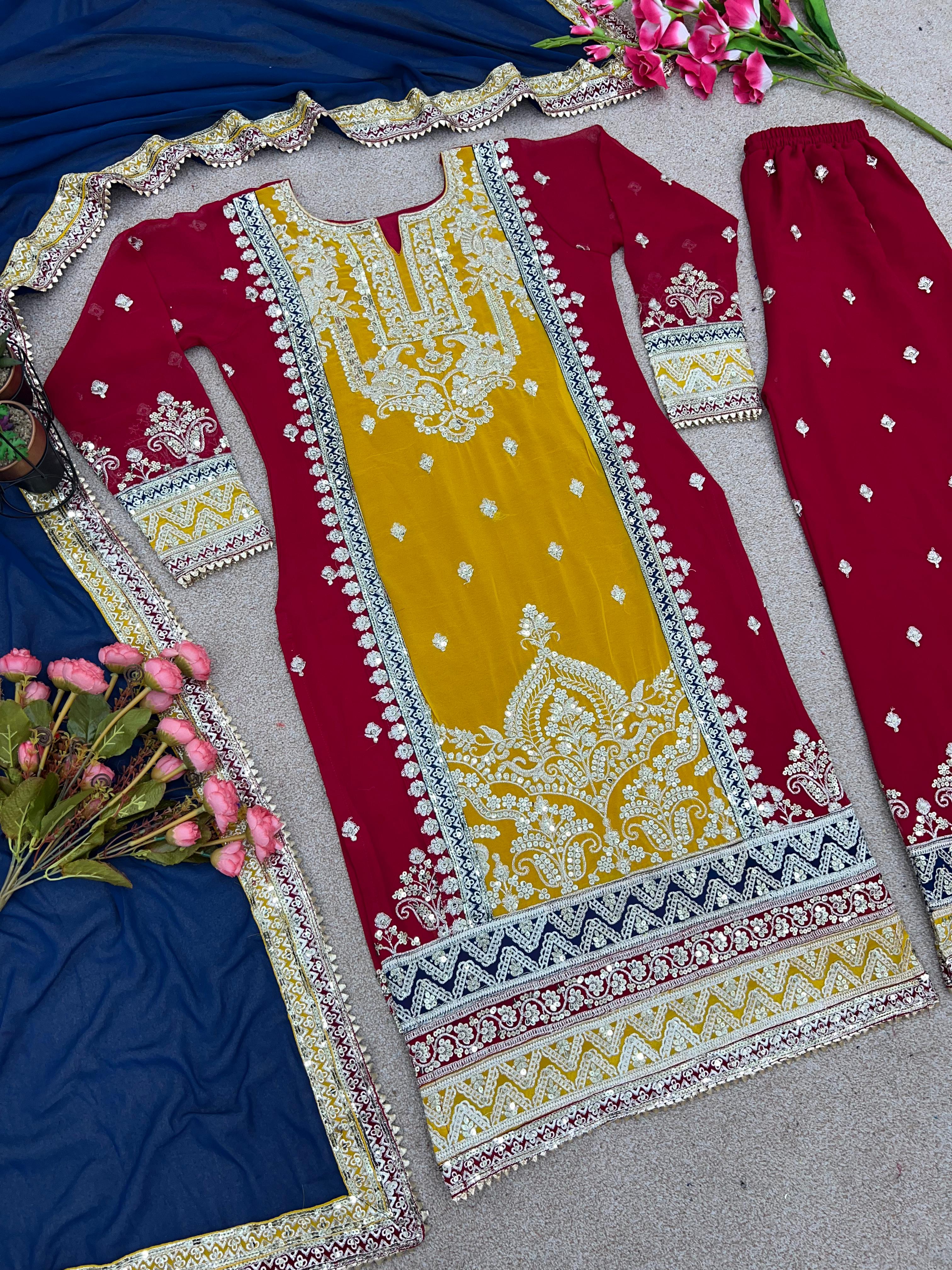 Exclusive Work Yellow And Red Color Palazzo Suit