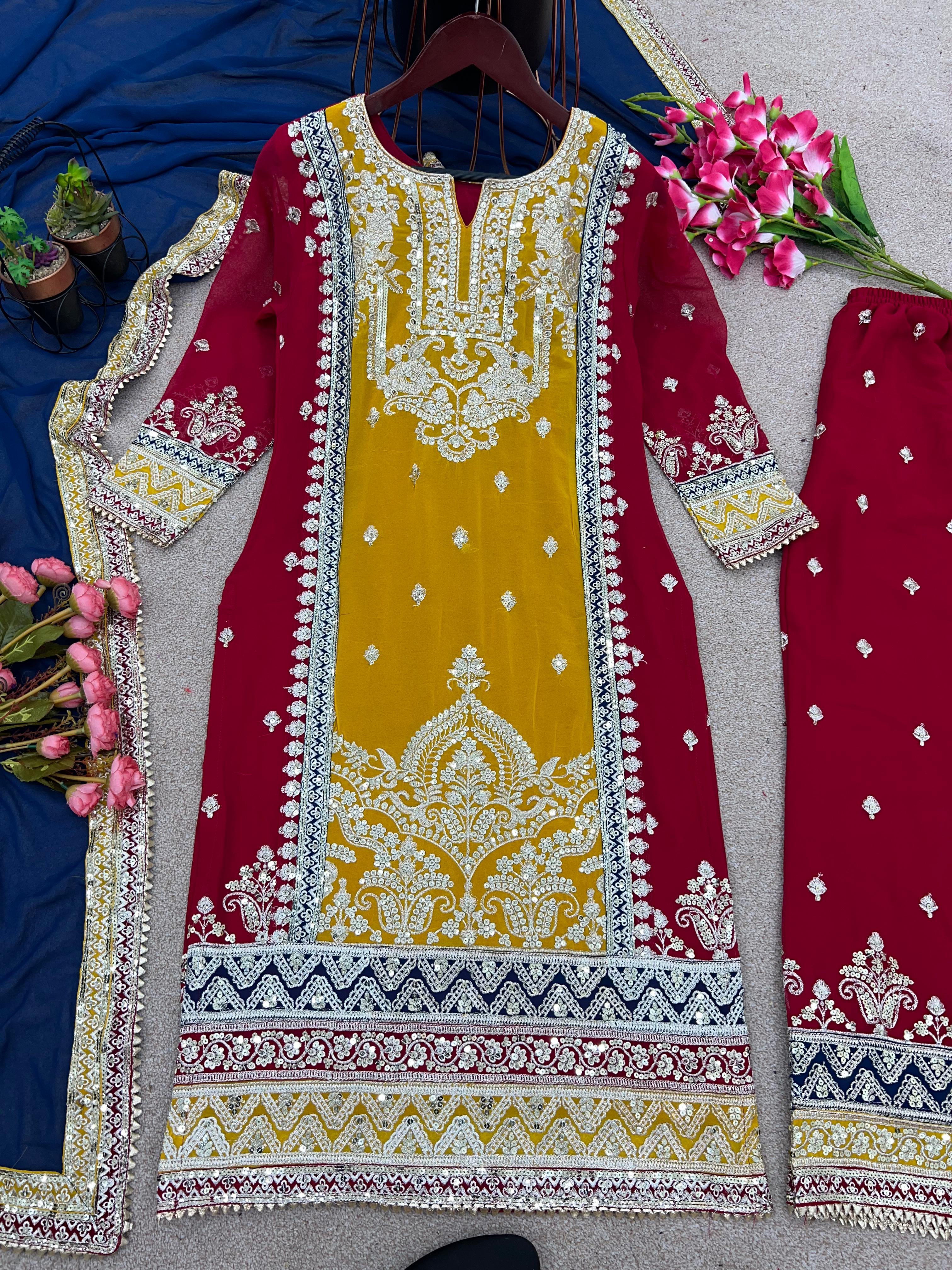 Exclusive Work Yellow And Red Color Palazzo Suit