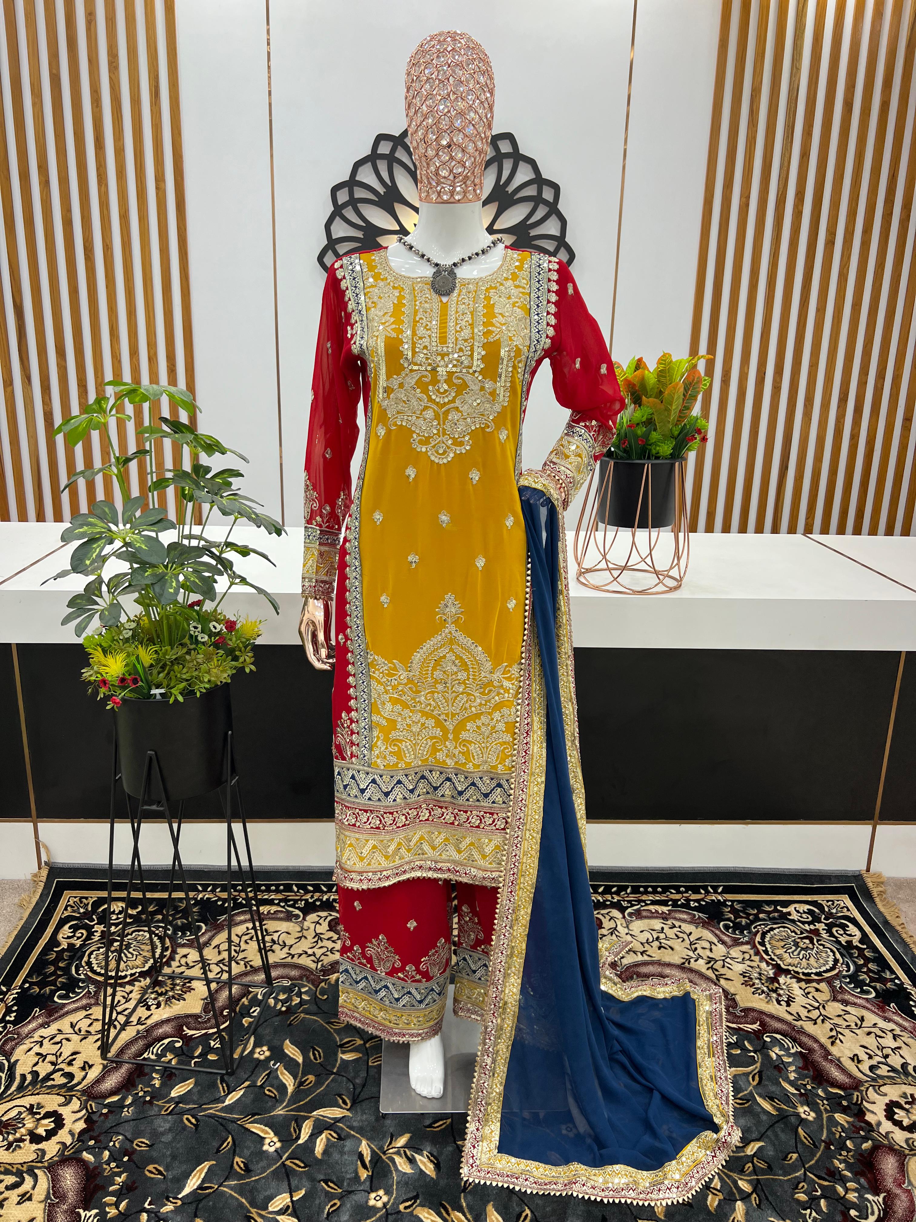 Exclusive Work Yellow And Red Color Palazzo Suit