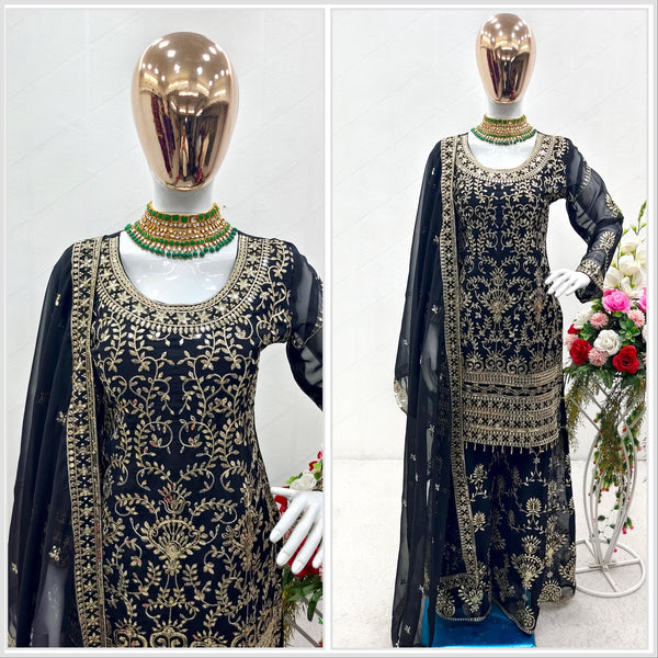 Fantastic Black Color Sequence Embroidered Sharara Suit