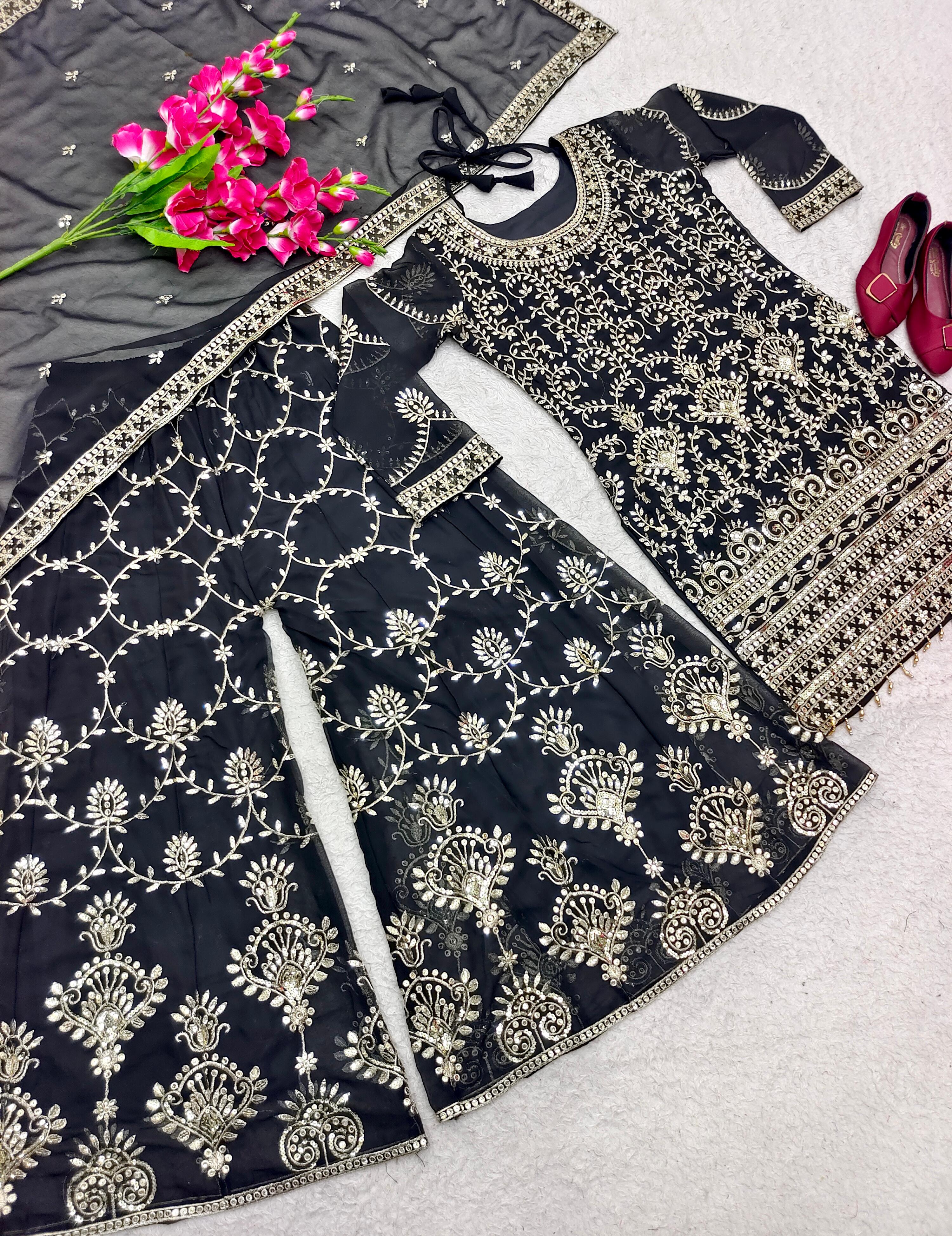 Fantastic Black Color Sequence Embroidered Sharara Suit