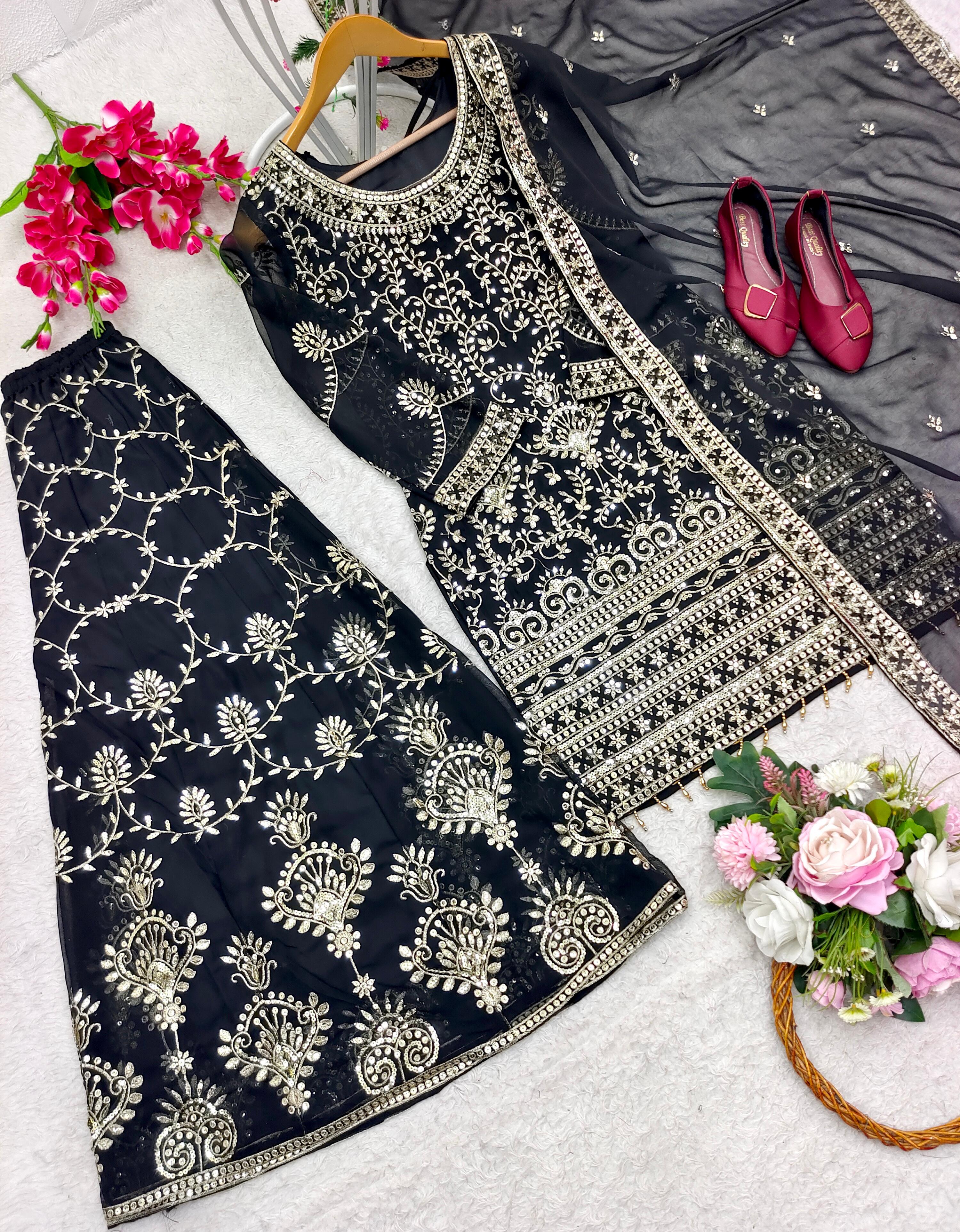 Fantastic Black Color Sequence Embroidered Sharara Suit