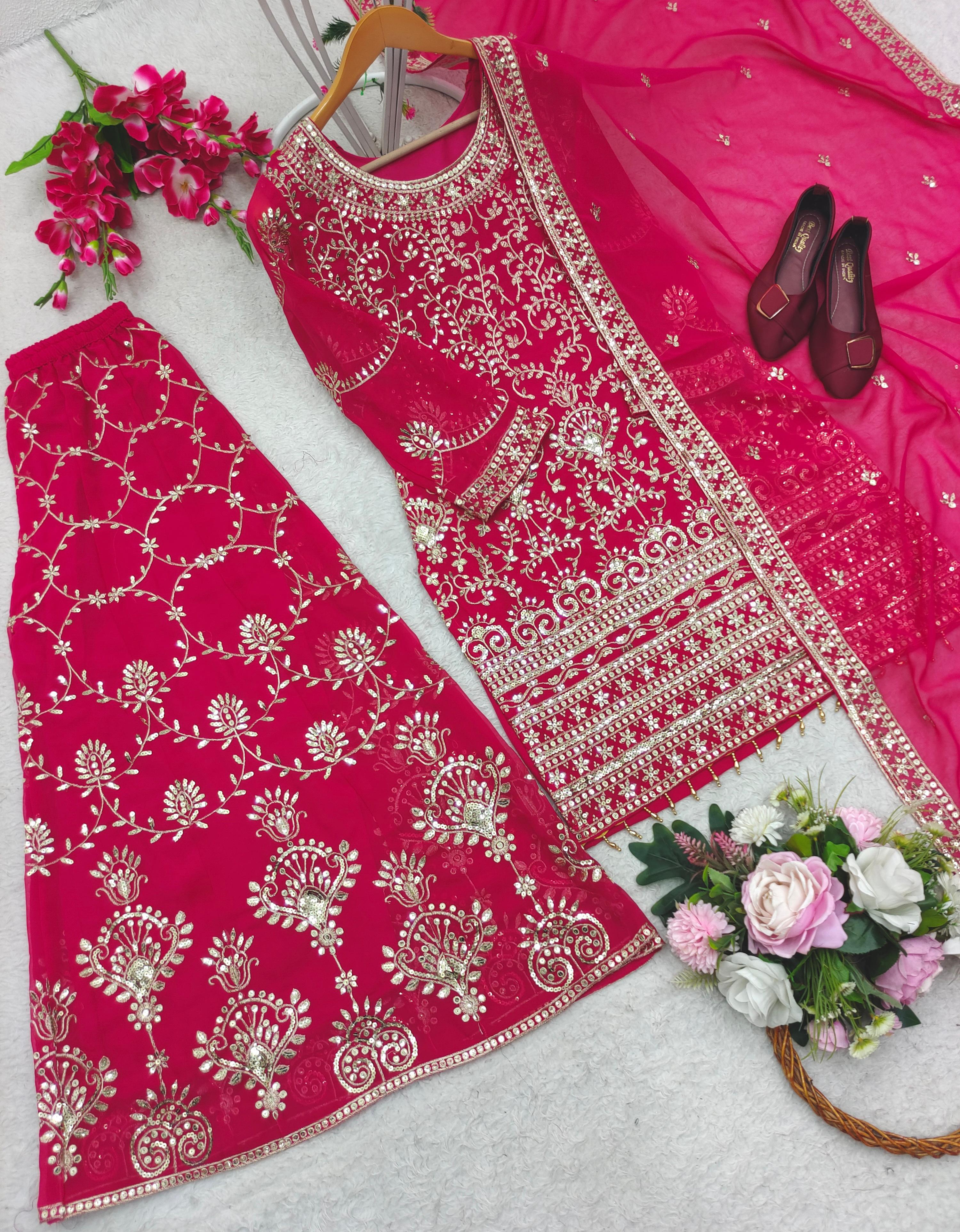 Fantastic Pink Color Sequence Embroidered Sharara Suit