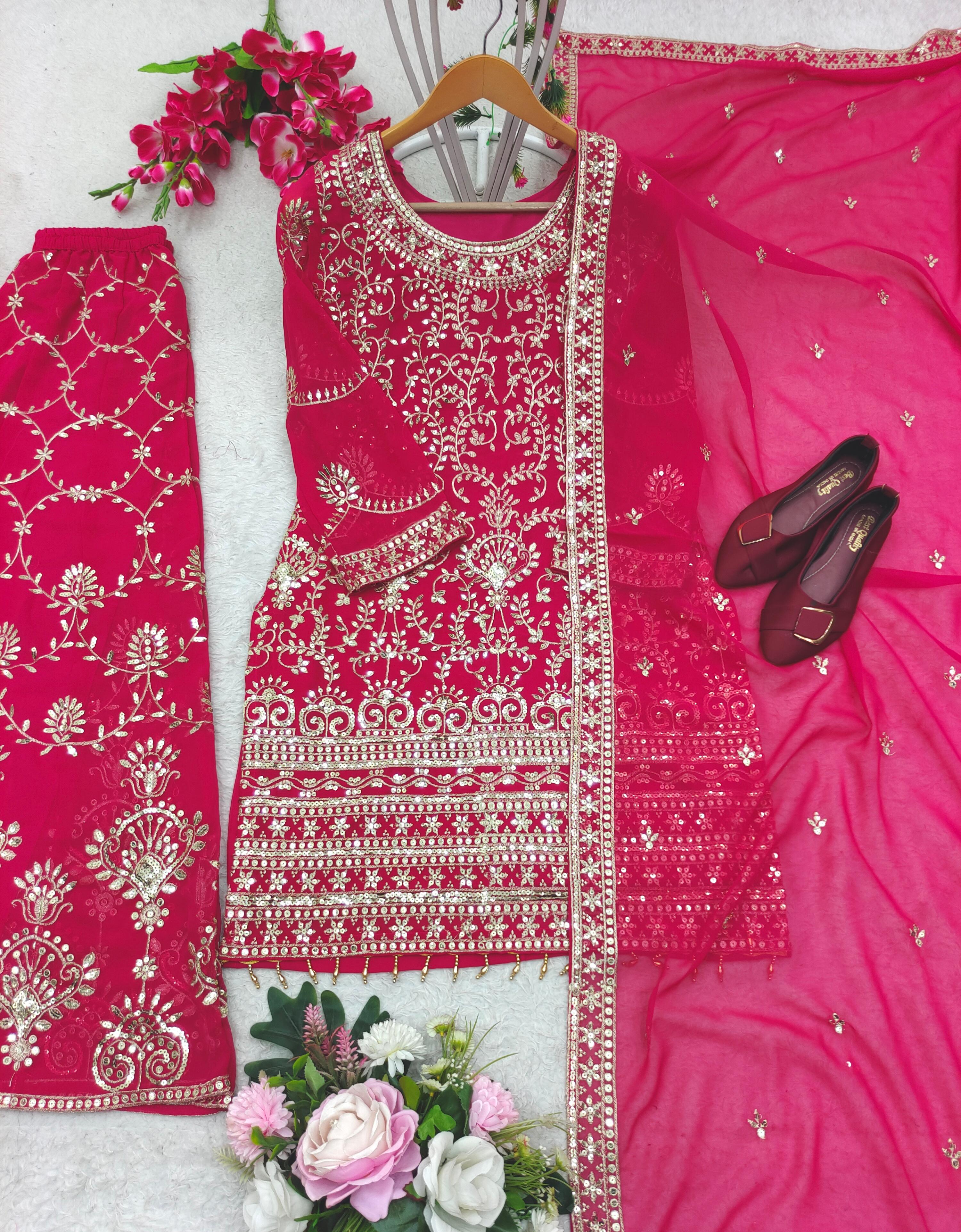 Fantastic Pink Color Sequence Embroidered Sharara Suit