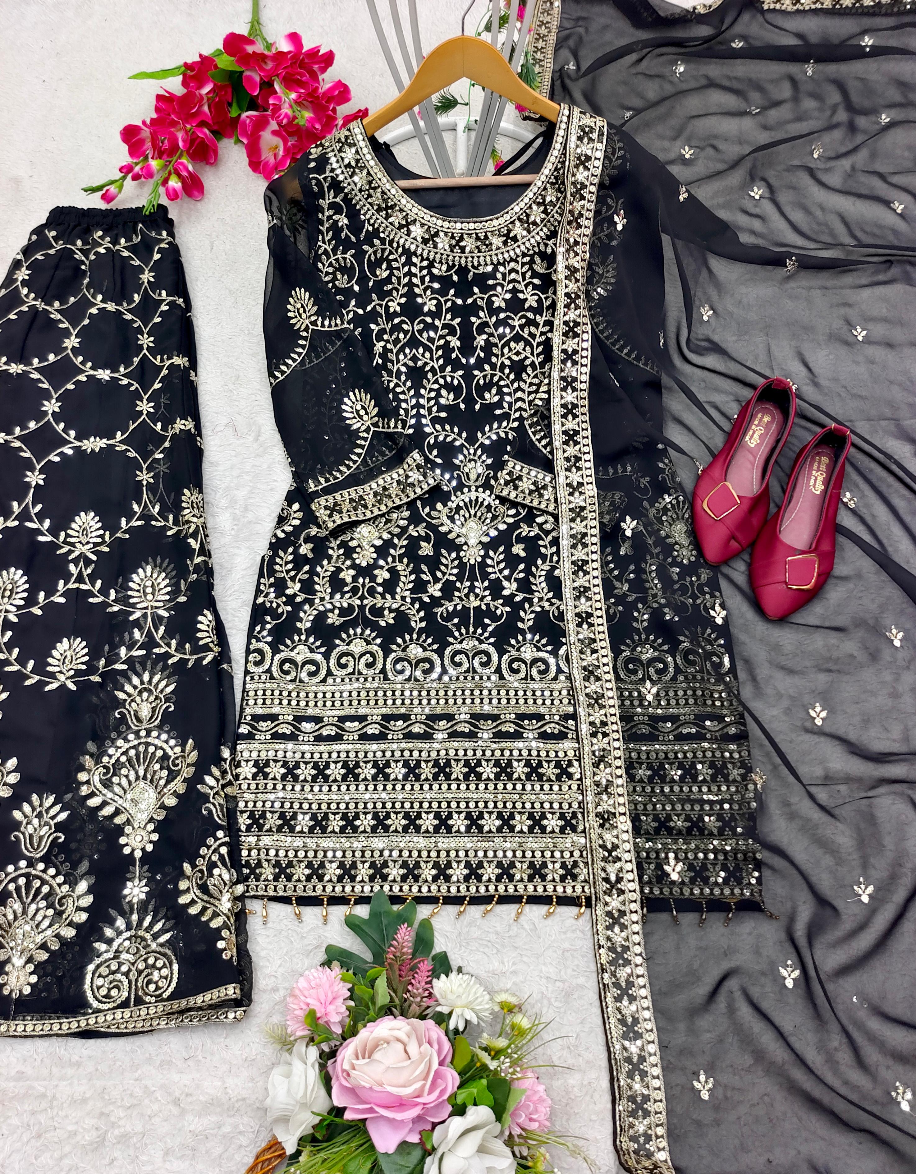 Fantastic Black Color Sequence Embroidered Sharara Suit