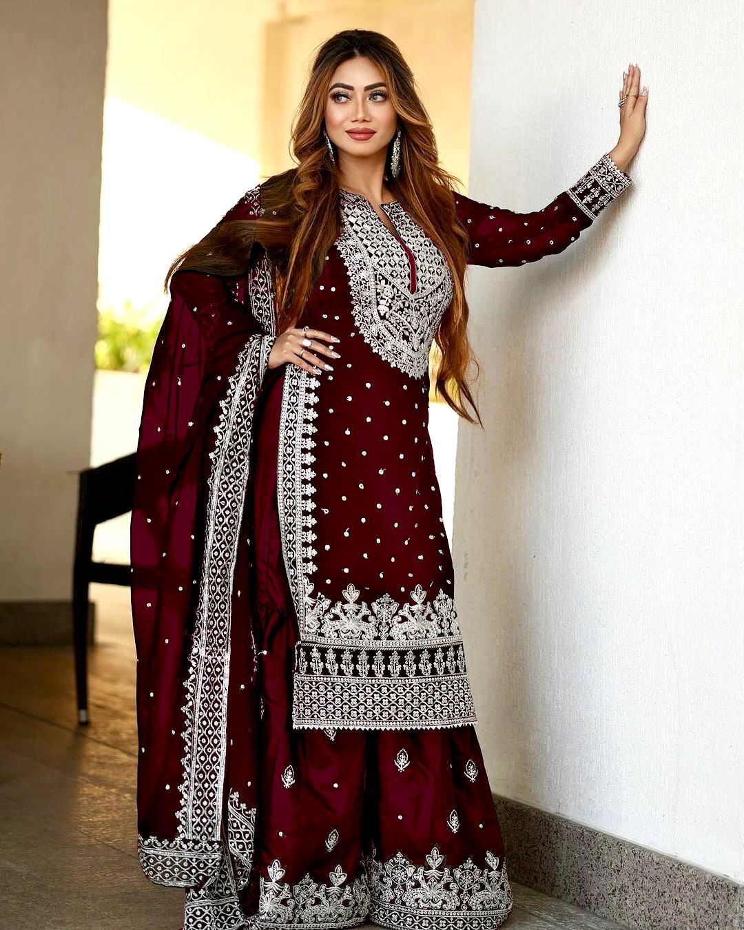 Stylish Maroon Color Sharara Suit With Shining Work