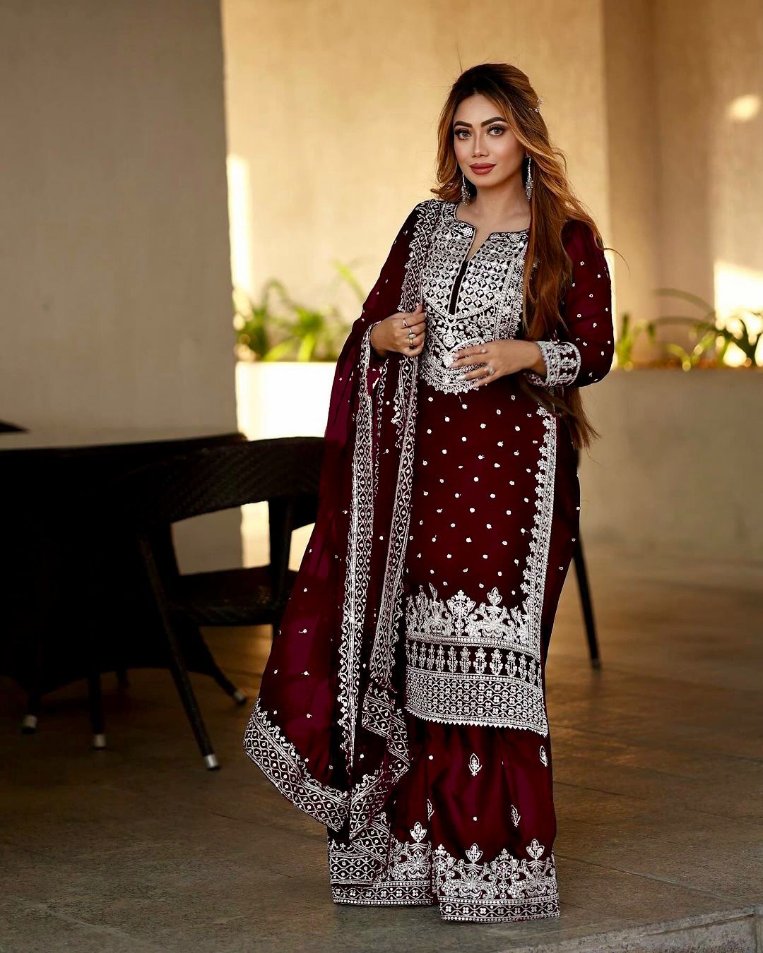 Stylish Maroon Color Sharara Suit With Shining Work