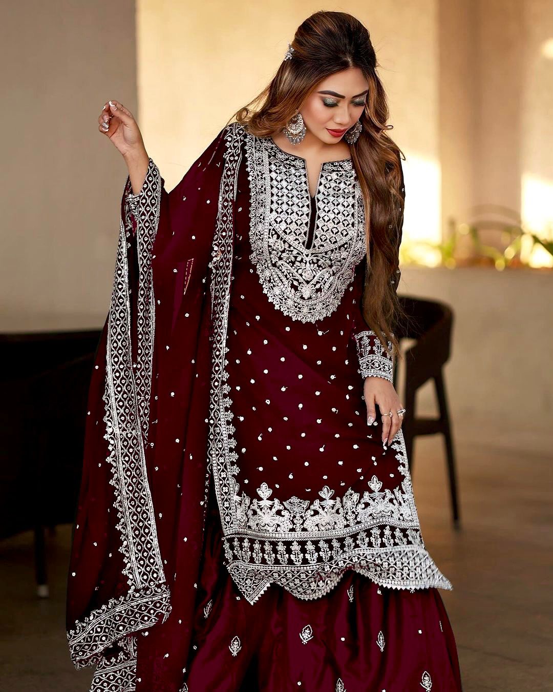 Stylish Maroon Color Sharara Suit With Shining Work