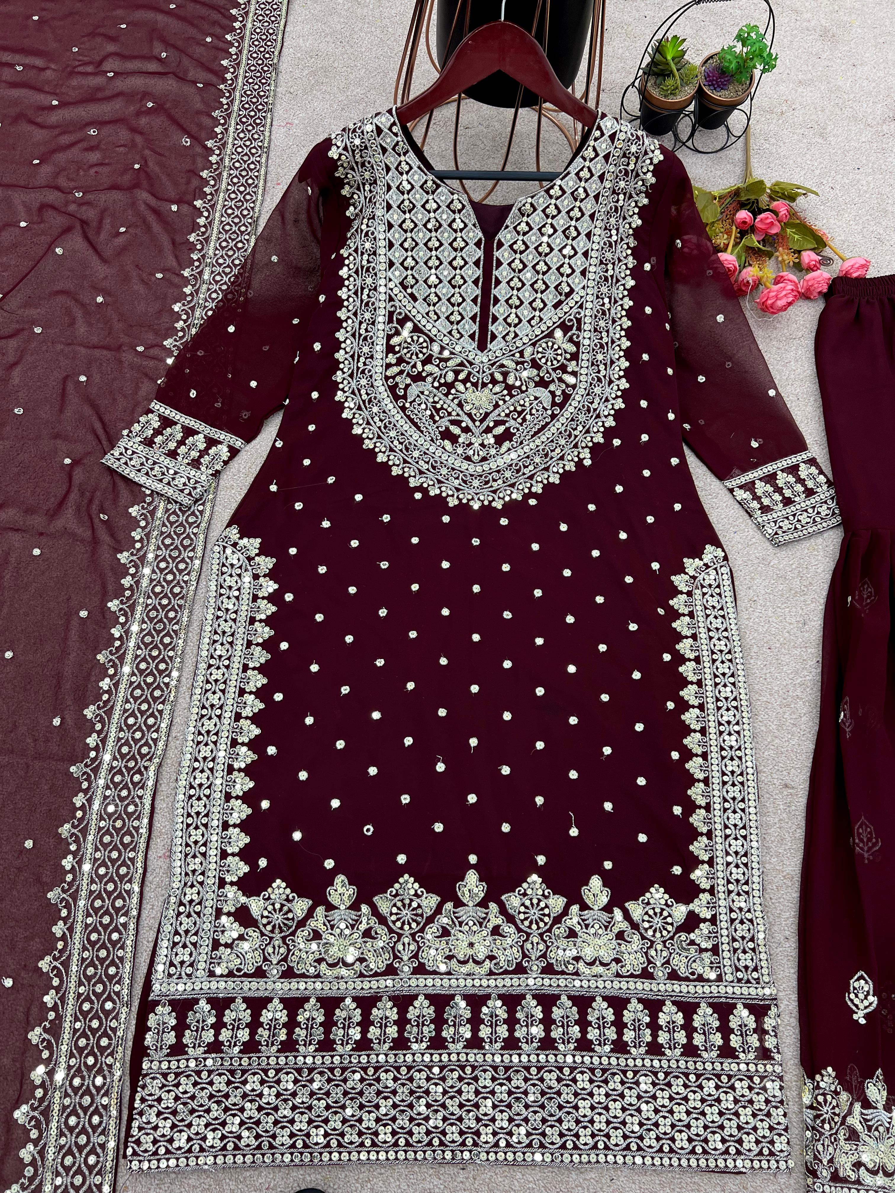 Stylish Maroon Color Sharara Suit With Shining Work