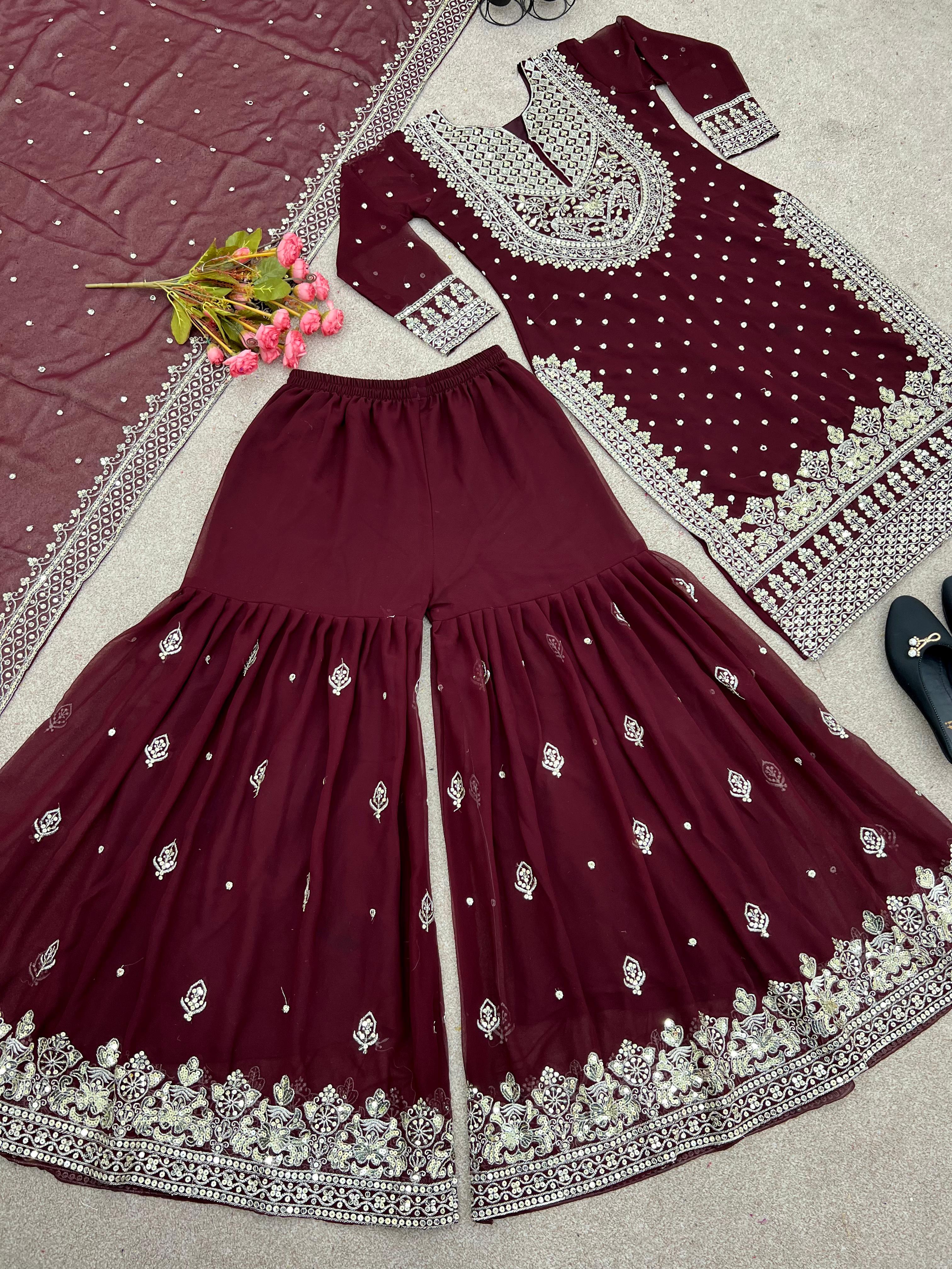 Stylish Maroon Color Sharara Suit With Shining Work