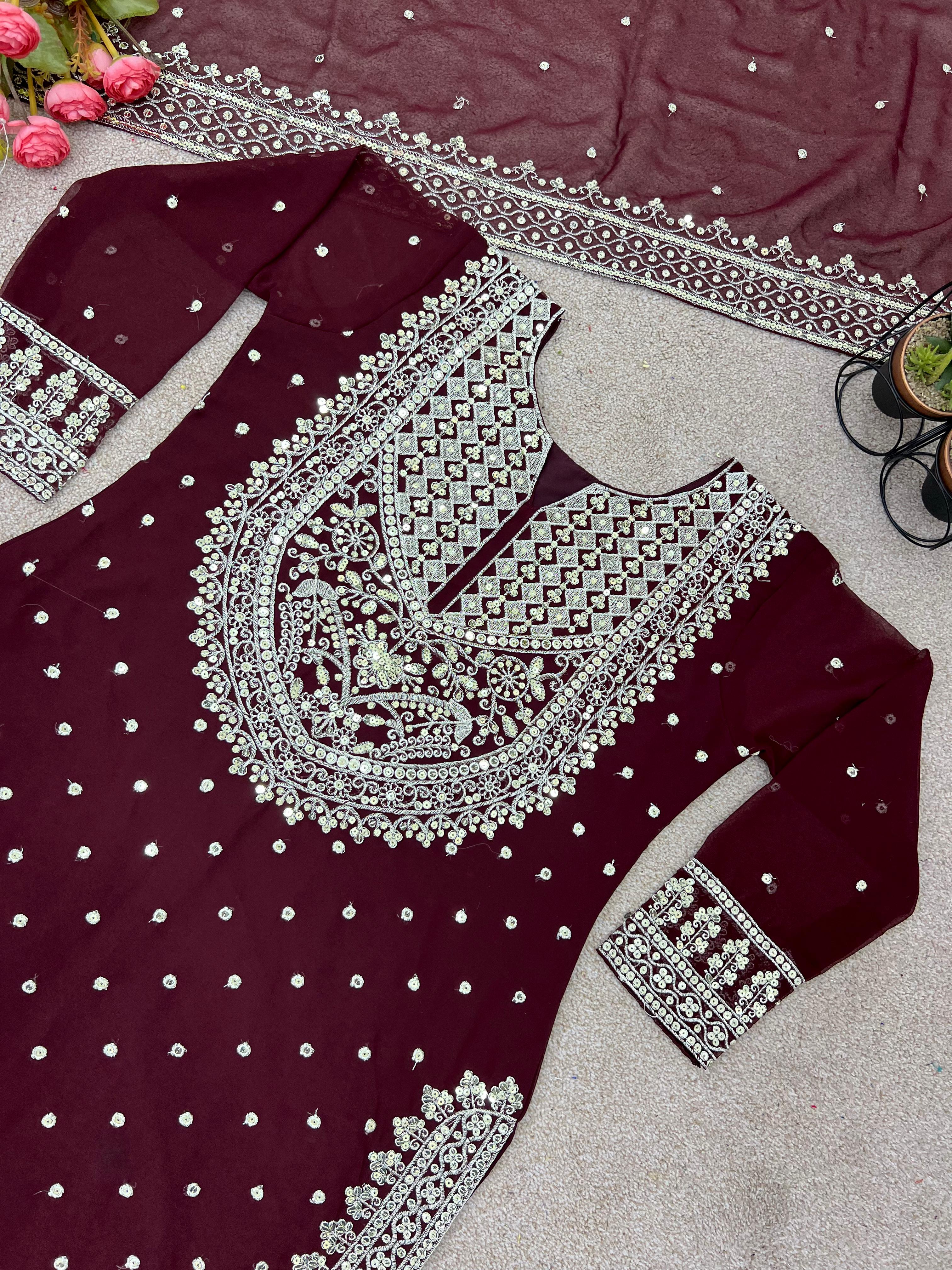 Stylish Maroon Color Sharara Suit With Shining Work