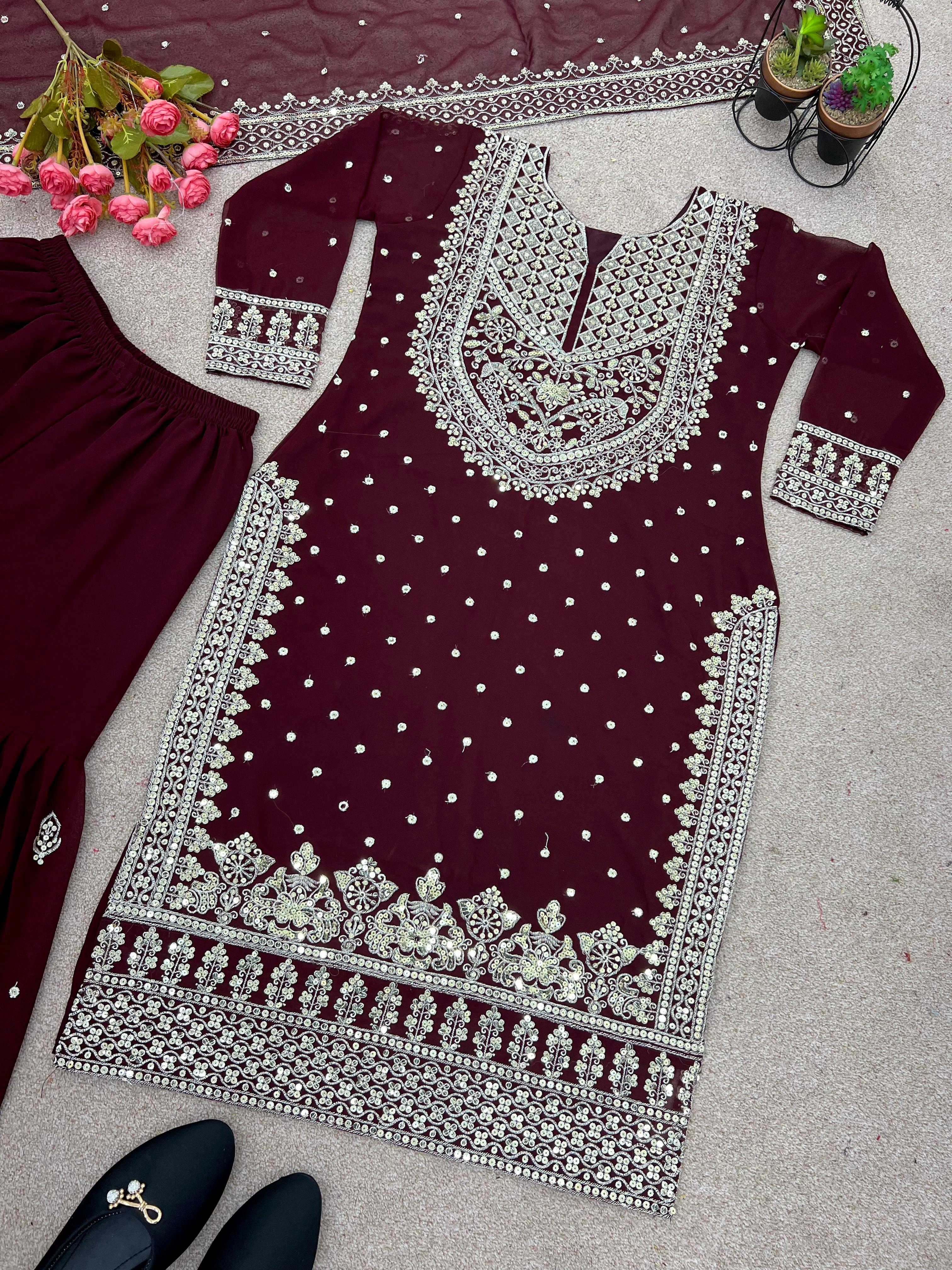 Stylish Maroon Color Sharara Suit With Shining Work