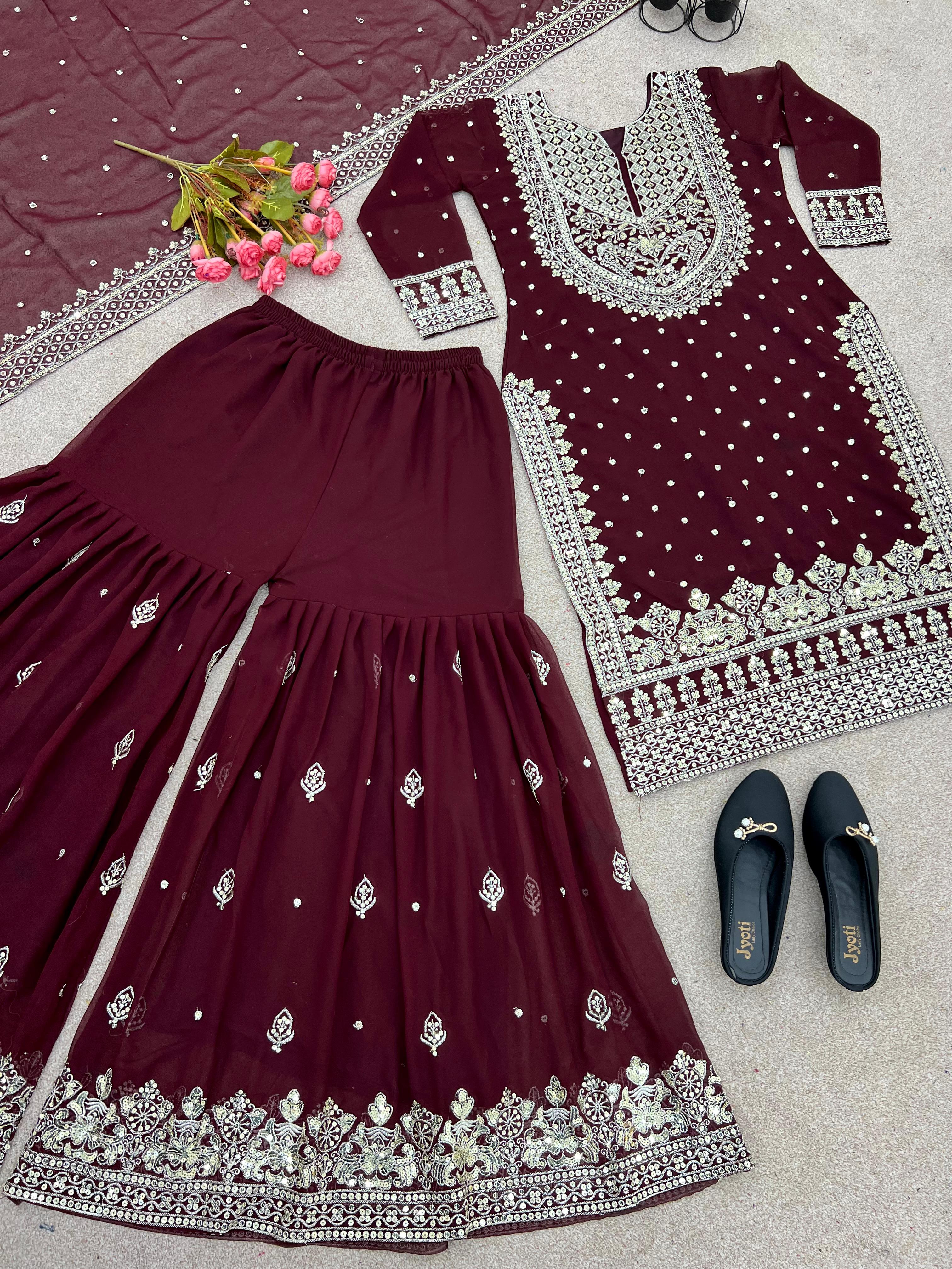 Stylish Maroon Color Sharara Suit With Shining Work