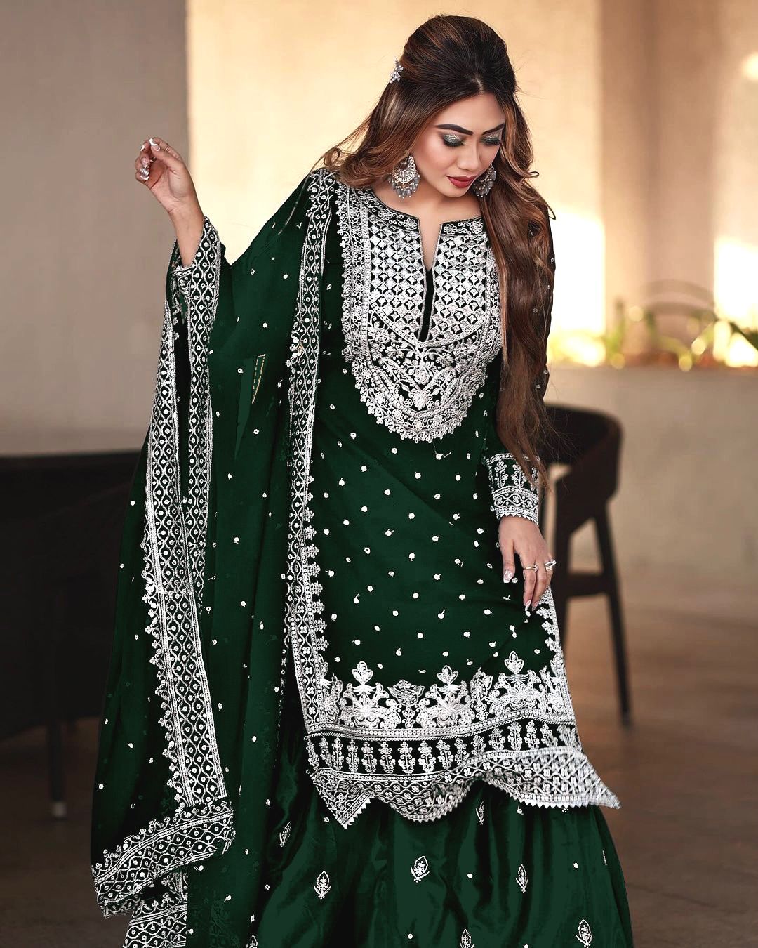 Stylish Green Color Sharara Suit With Shining Work