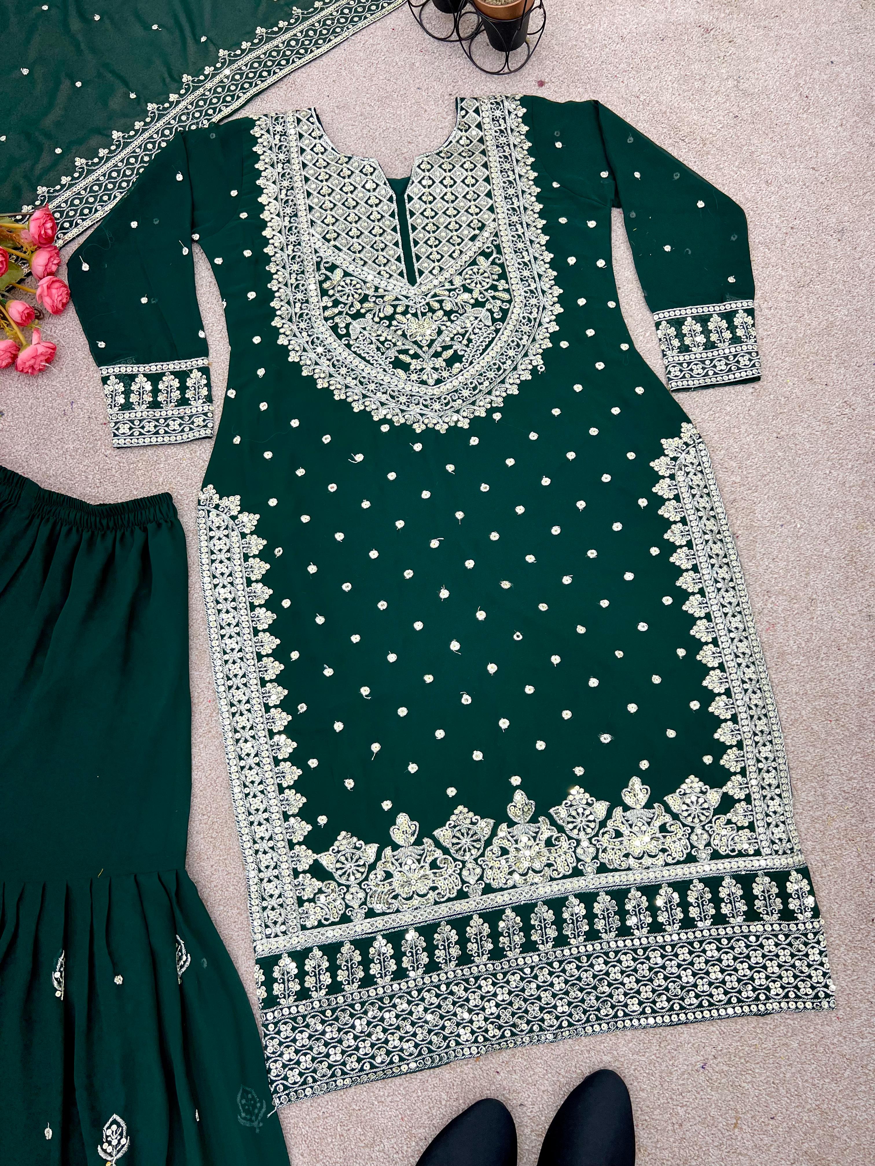 Stylish Green Color Sharara Suit With Shining Work