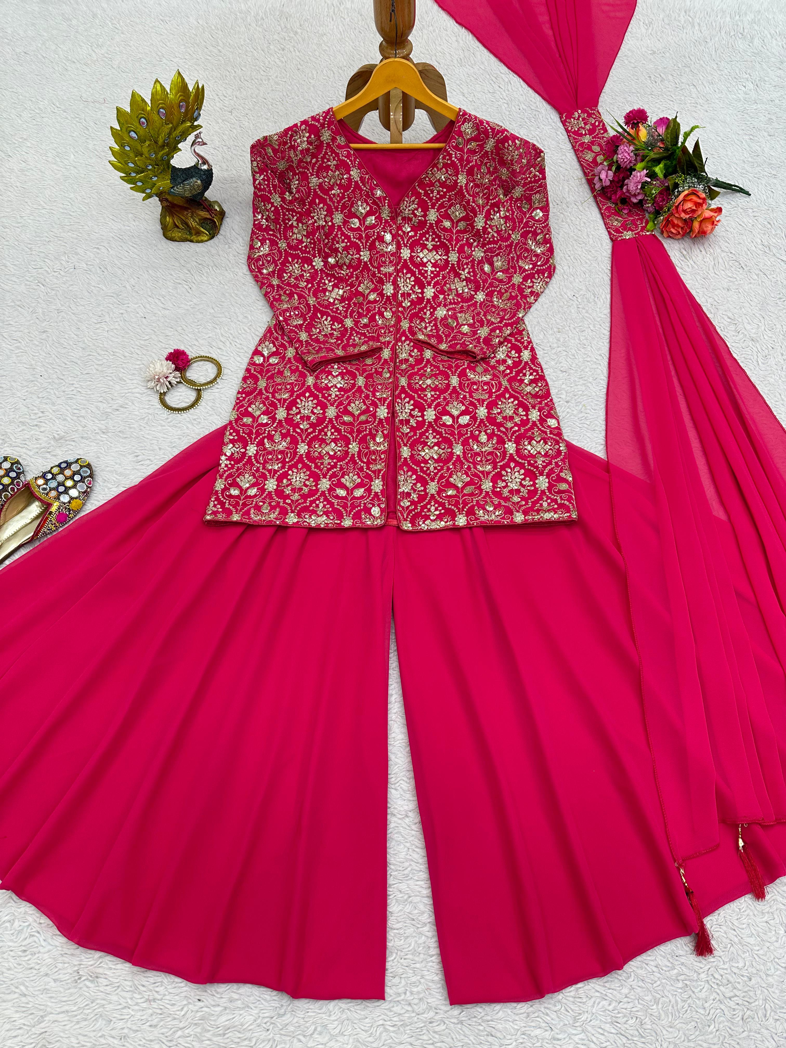 Decent Thread Sequence Work Pink Top With Plain Palazzo