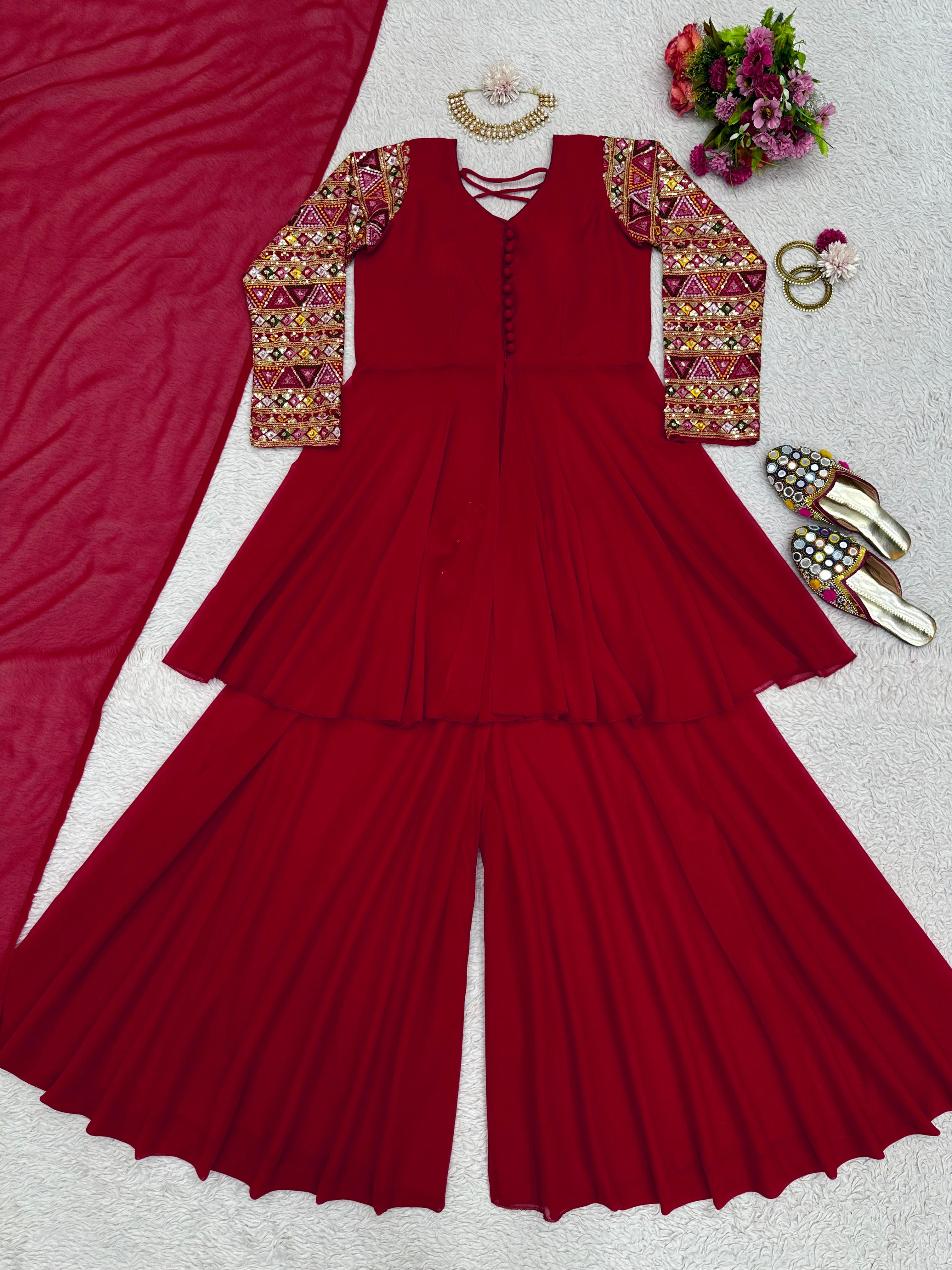 Amazing Heavy Work Sleeve Maroon Color Sharara Suit