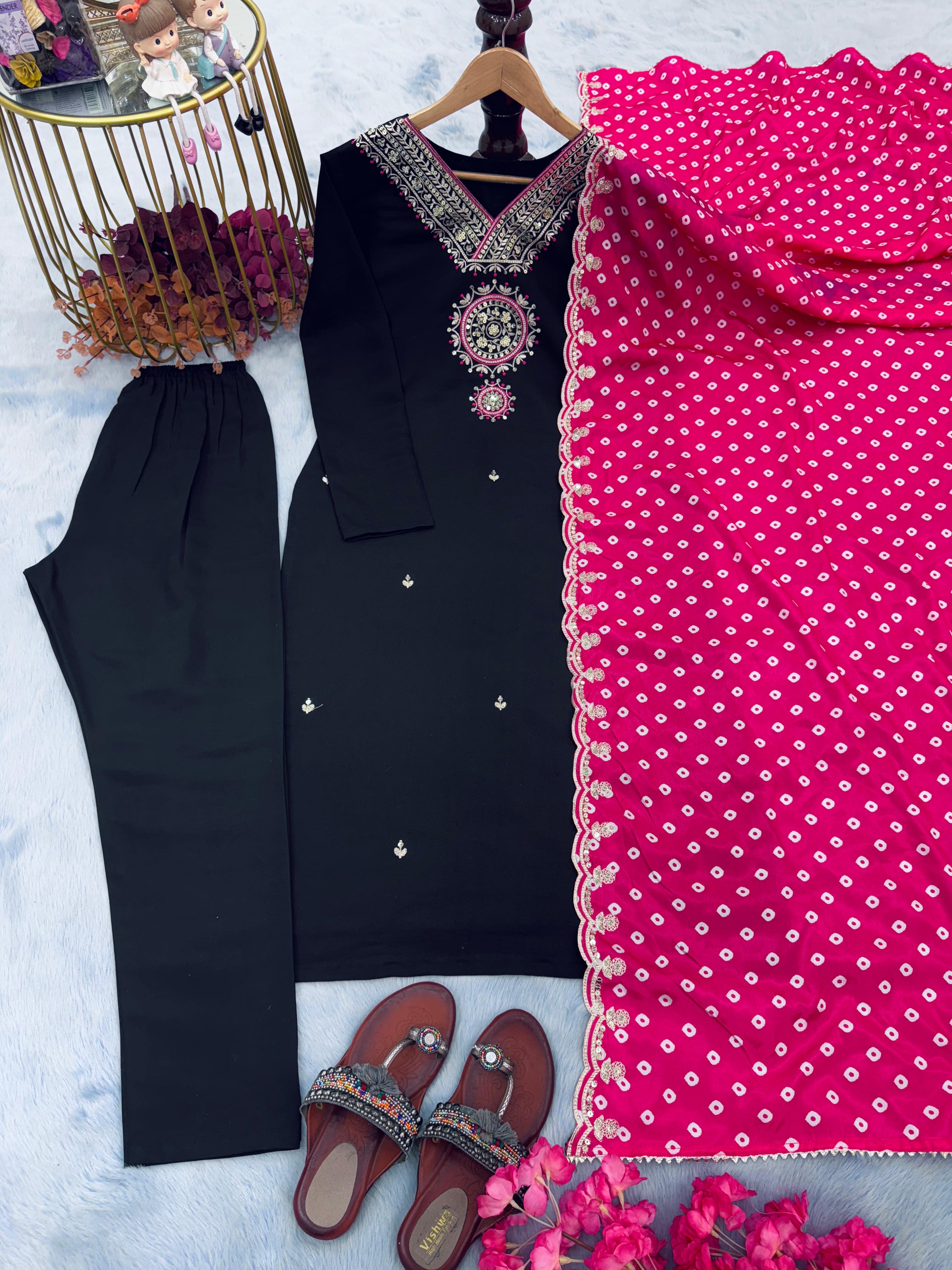 Gorgeous Black Color Salwar Suit With Pink Bandhani Dupatta