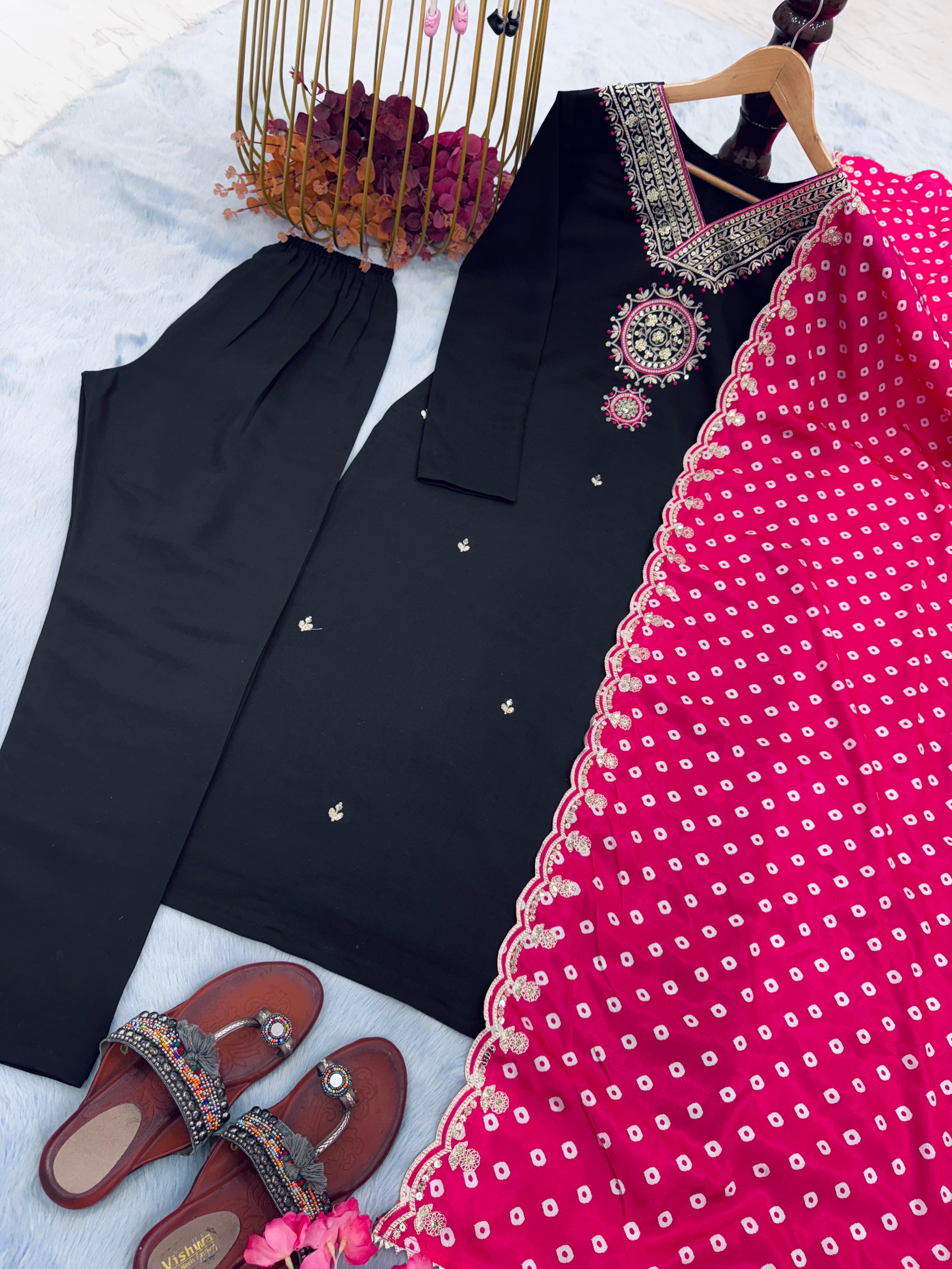 Gorgeous Black Color Salwar Suit With Pink Bandhani Dupatta