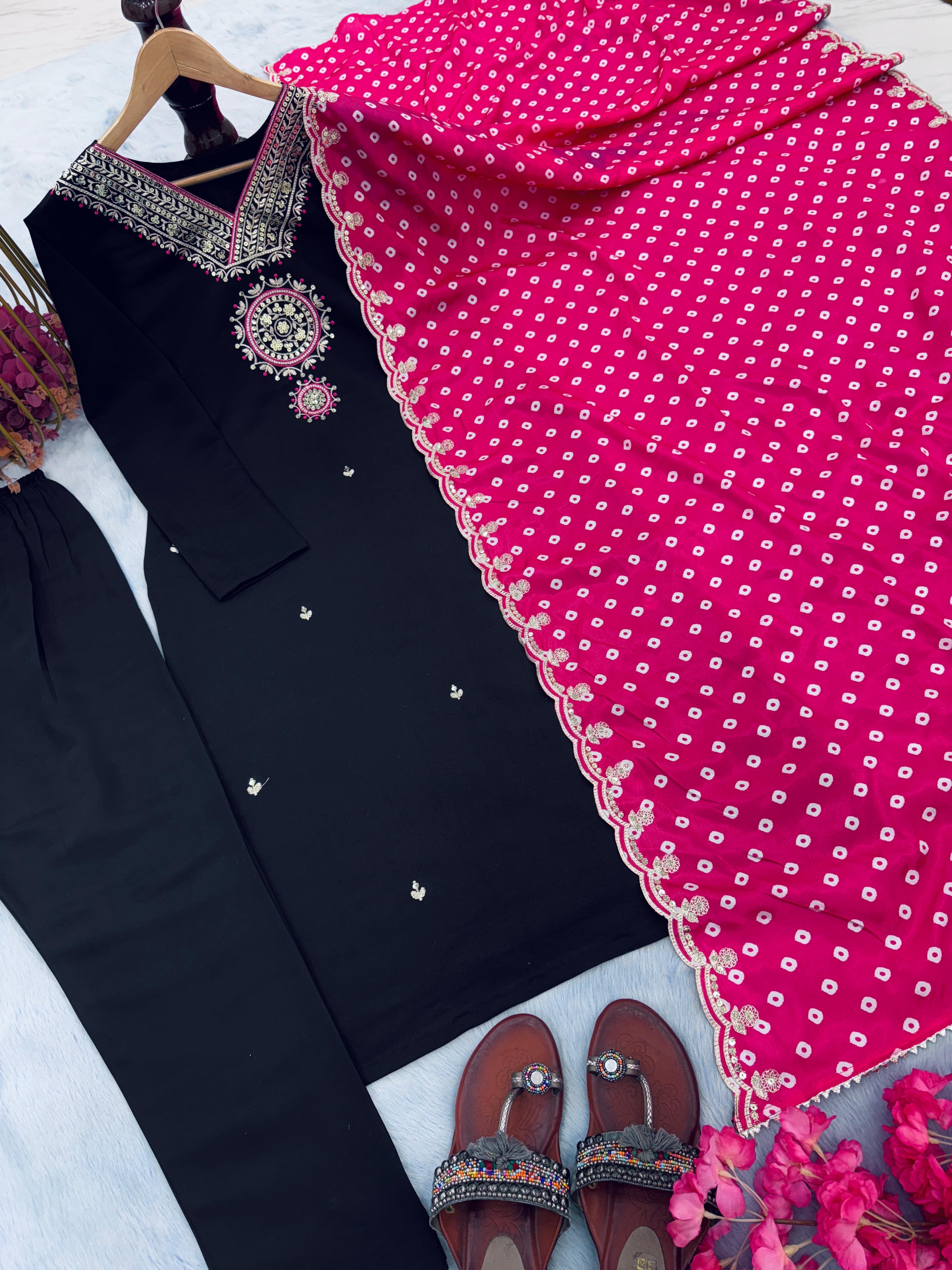 Gorgeous Black Color Salwar Suit With Pink Bandhani Dupatta