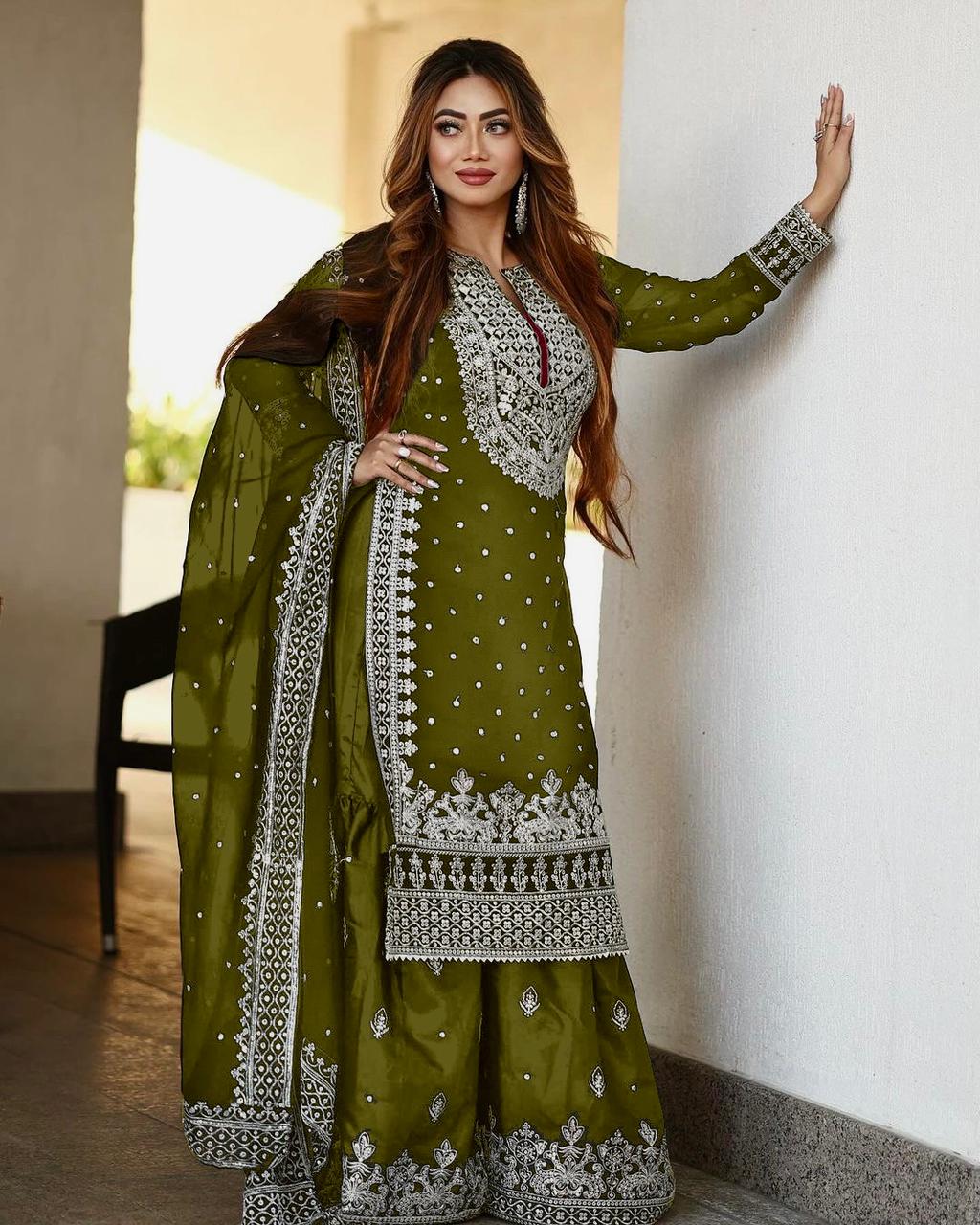 Stylish Mehendi Color Sharara Suit With Shining Work