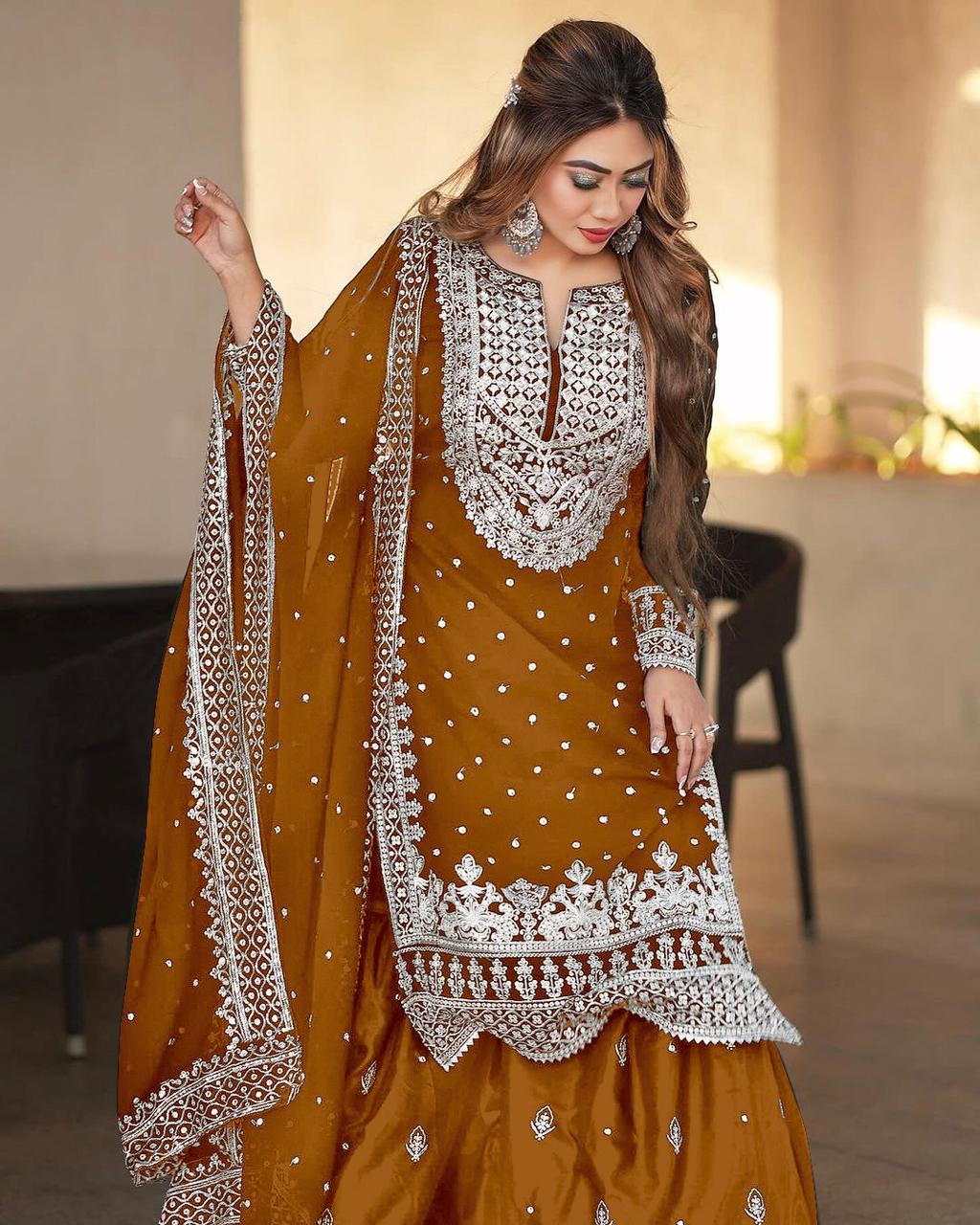 Stylish Mustard Color Sharara Suit With Shining Work