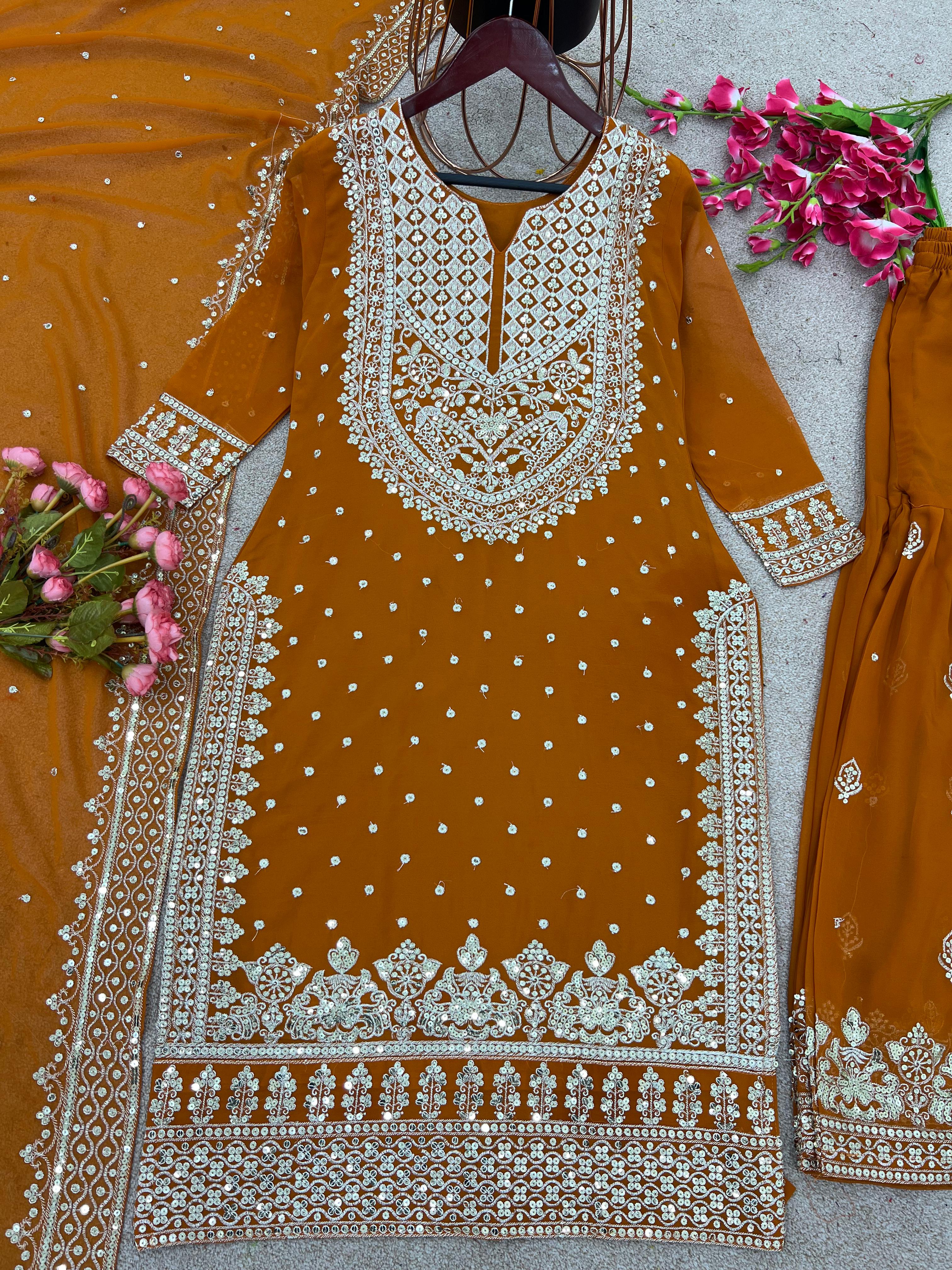 Stylish Mustard Color Sharara Suit With Shining Work