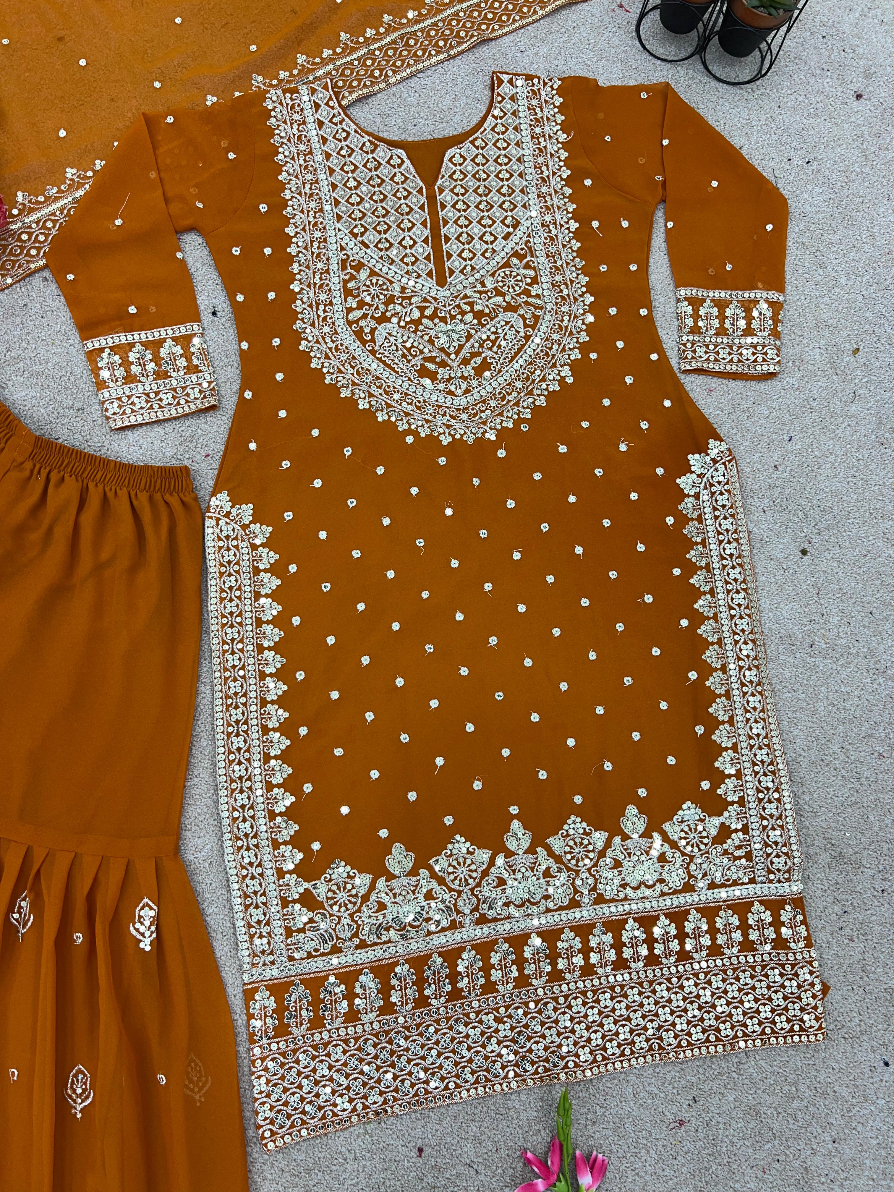 Stylish Mustard Color Sharara Suit With Shining Work