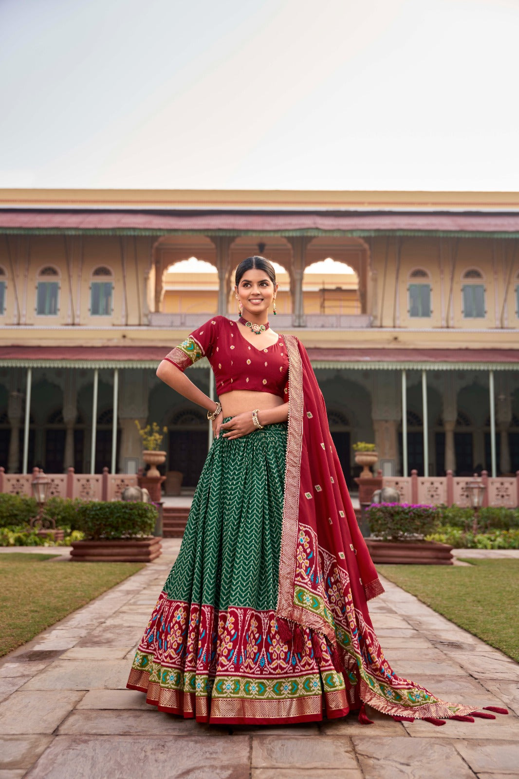 Elegant Green And Red Color Printed Lehenga Choli