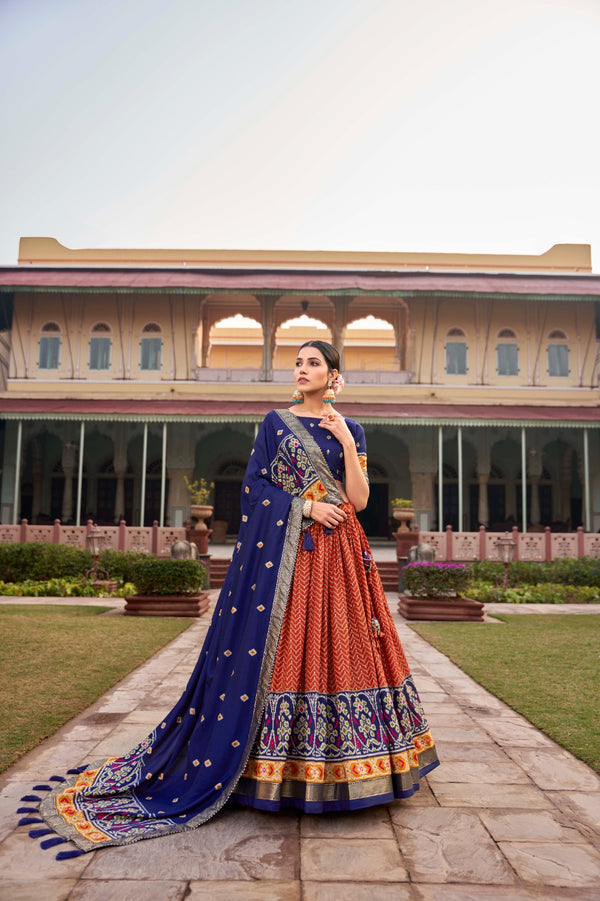 Elegant Orange And Blue Color Printed Lehenga Choli