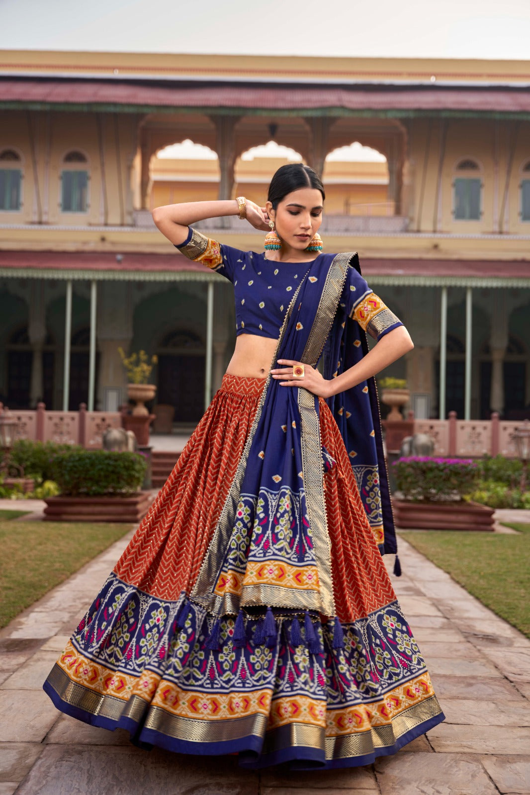 Elegant Orange And Blue Color Printed Lehenga Choli