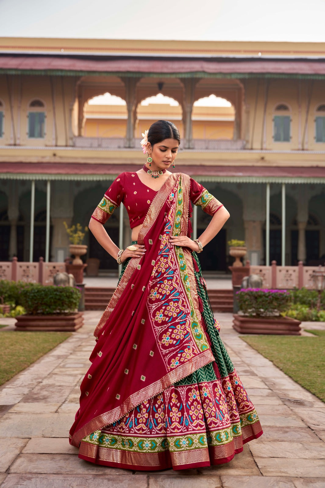 Elegant Green And Red Color Printed Lehenga Choli