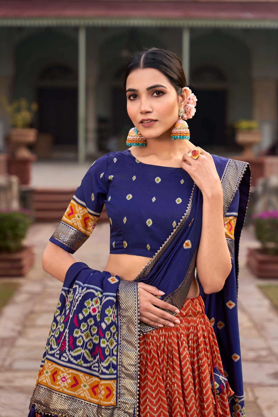 Elegant Orange And Blue Color Printed Lehenga Choli