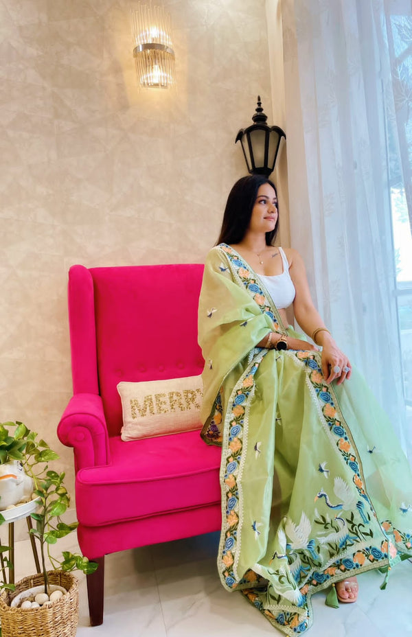 Multi Thread Work Pista Color Organza Saree