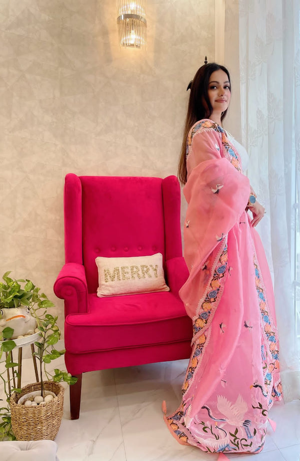 Multi Thread Work Light Pink Color Organza Saree