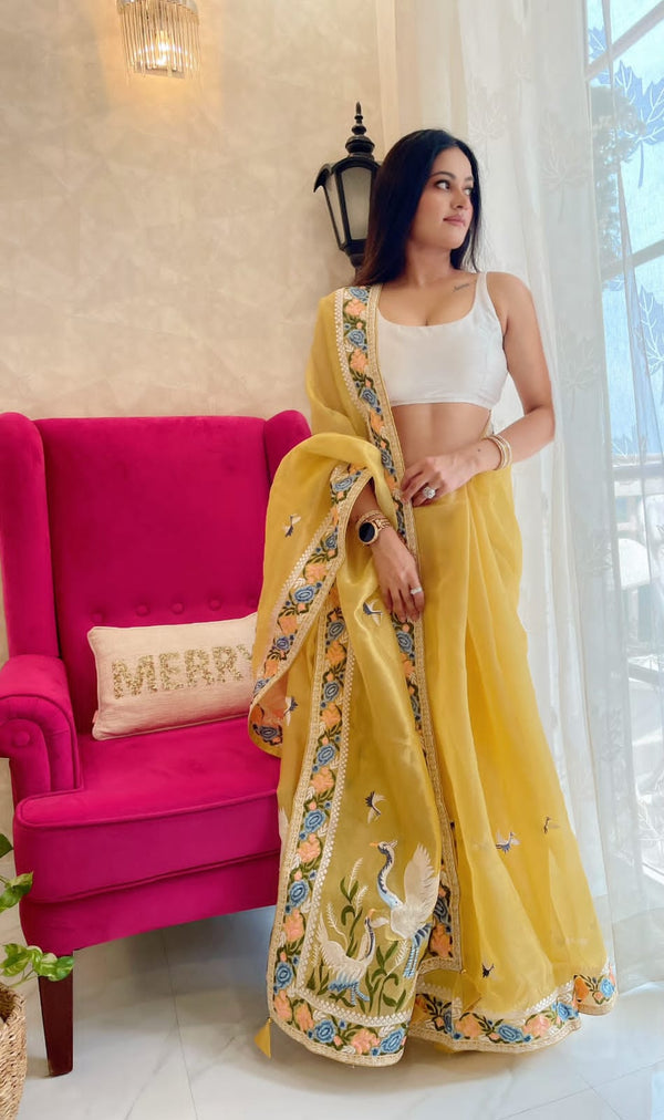 Multi Thread Work Yellow Color Organza Saree