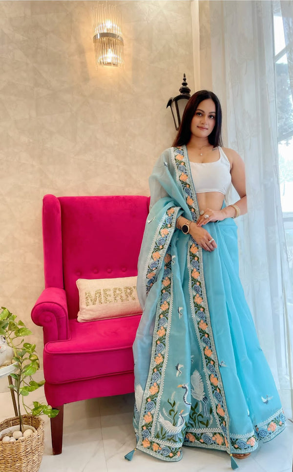 Multi Thread Work Sky Blue Color Organza Saree