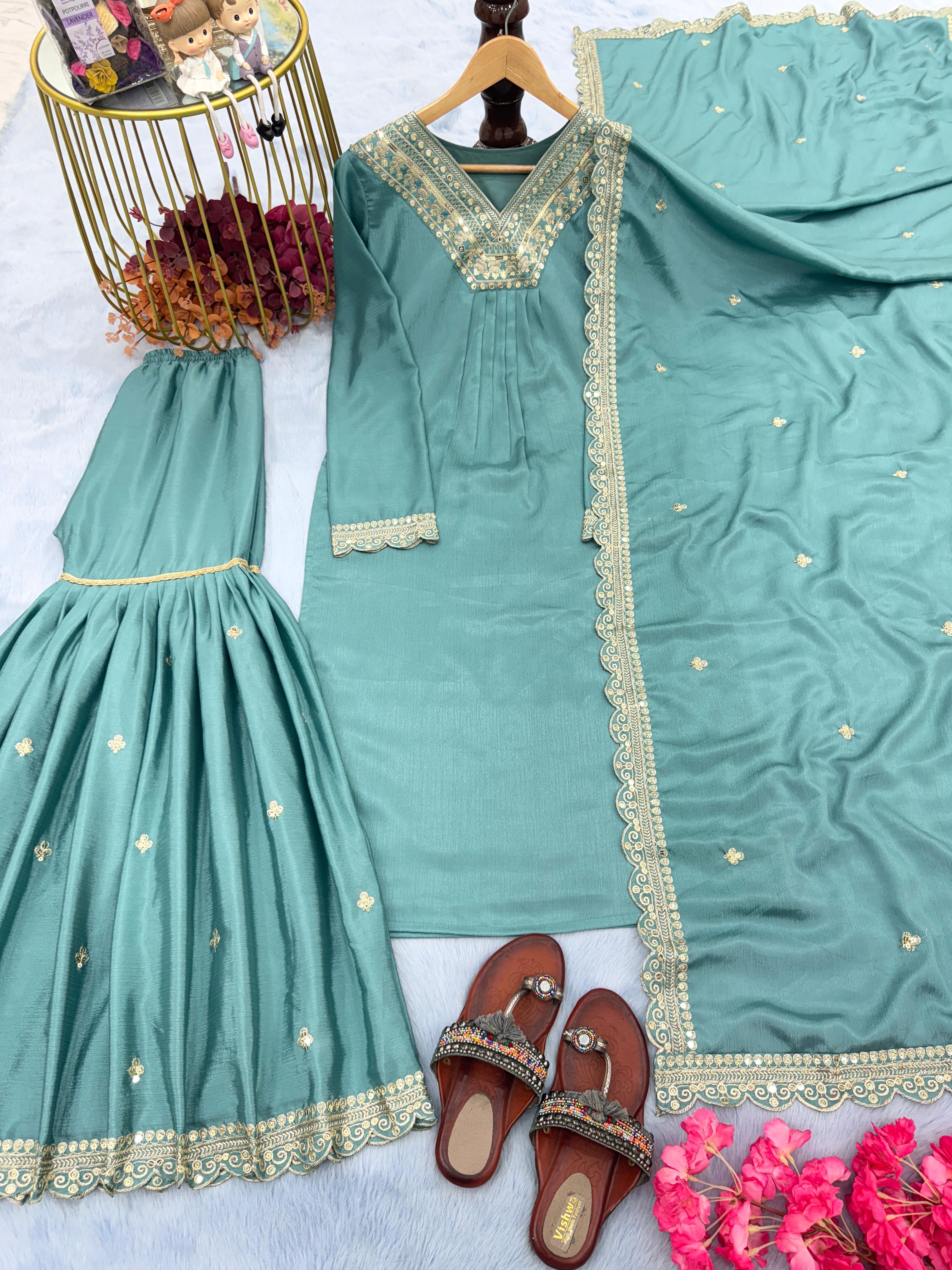 Amazing Sequence Embroidery Aqua Green Color Sharara Suit